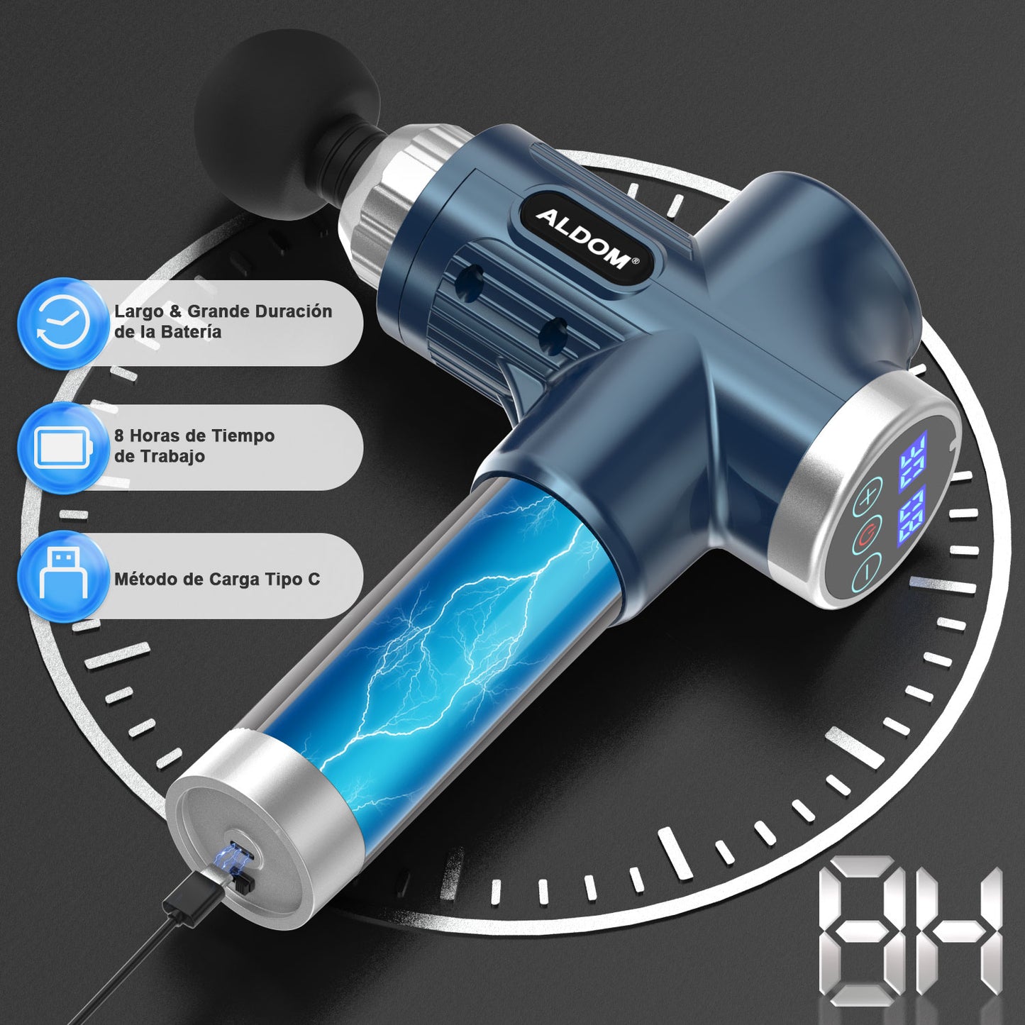 Pistola de Masaje Muscular, ALDOM Pistola Masaje Pistola Masajeadora Muscular Profesional Massage Gun y Carga Tipo-C, 30 Velocidades 8 Cabezales y LCD Táctil (Azul)