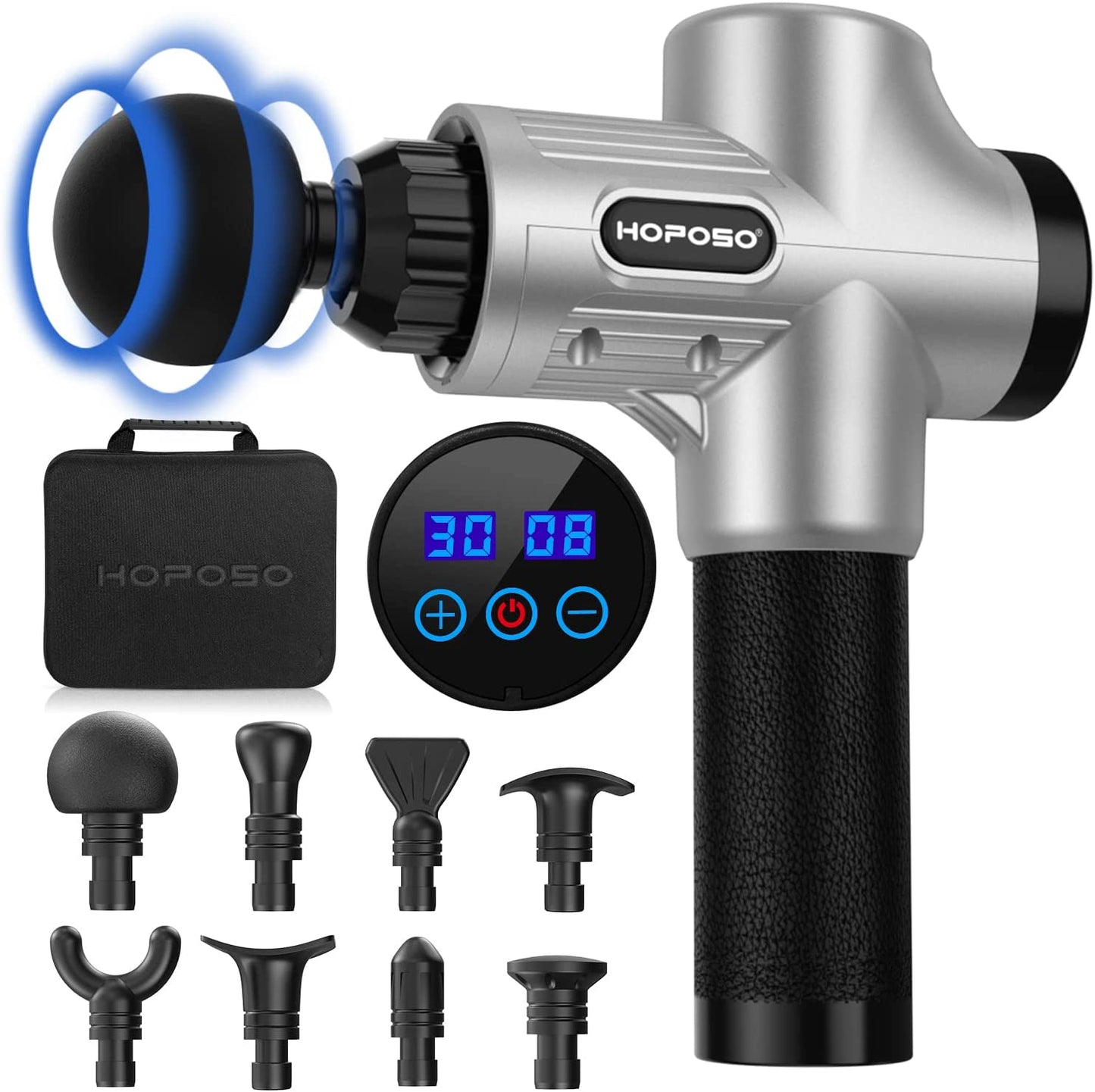 Pistola de Masaje Muscular, Eléctrica Masajeador de Músculos de Tejido Profundo Hasta 4800 RMP, 30 Velocidades, 8 Cabezales de Masaje, Pantalla LCD Táctil, Carga Tipo-C