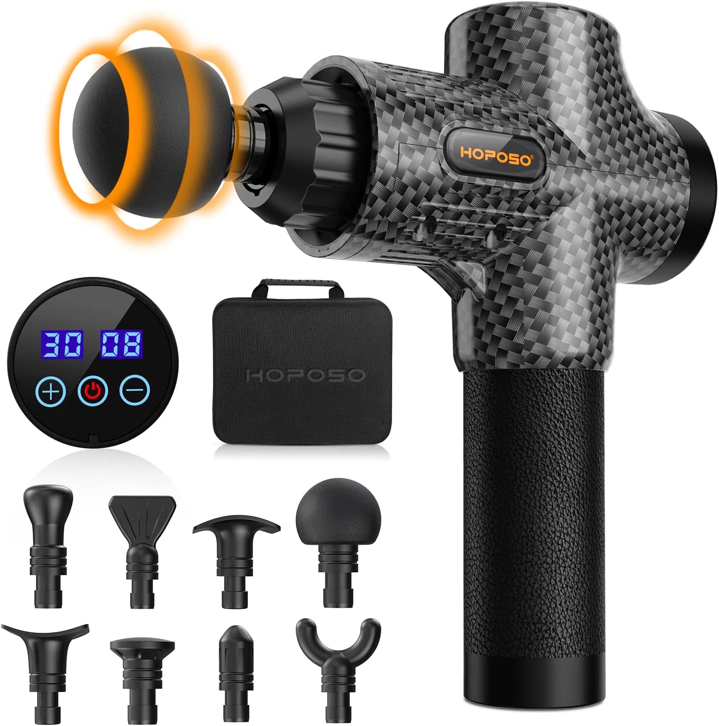 Pistola de Masaje Muscular, Eléctrica Masajeador de Músculos de Tejido Profundo Hasta 4800 RPM, 30 Velocidades, 8 Cabezales de Masaje, Pantalla LCD Táctil, Carga Tipo-C(Negro Carbón)