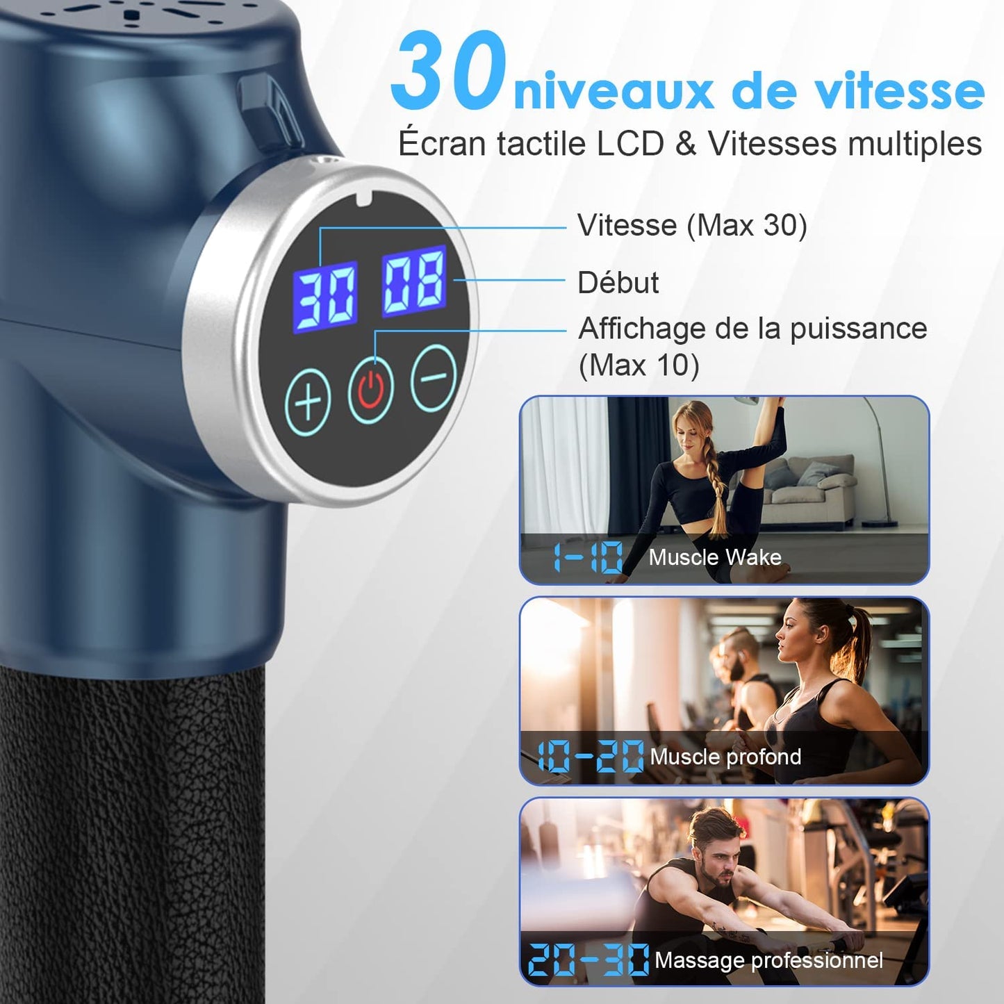 Pistola de Masaje Muscular, Eléctrica Masajeador de Músculos de Tejido Profundo con 30 Velocidades, 8 Cabezales de Masaje, Pantalla LCD Táctil, Tipo C Massage Gun(Azul)