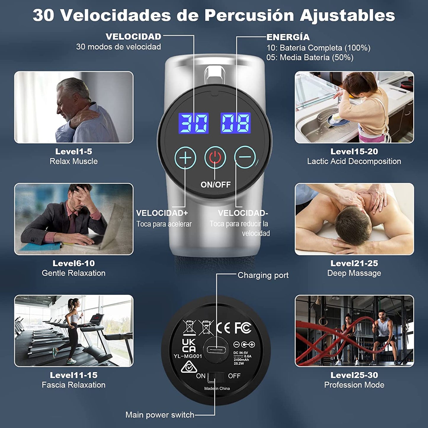 Pistola de Masaje Muscular, Eléctrica Masajeador de Músculos de Tejido Profundo Hasta 4800 RMP, 30 Velocidades, 8 Cabezales de Masaje, Pantalla LCD Táctil, Carga Tipo-C