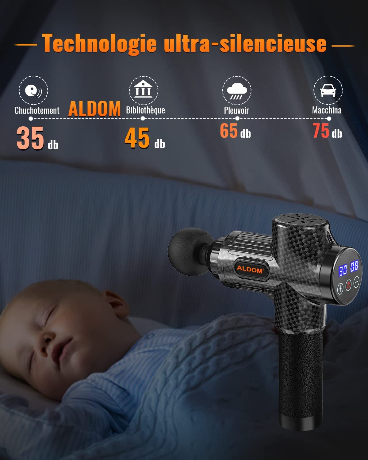 Pistolet de Massage Musculaire ALDOM Appareil de Massage Masseur de Muscle Profonds avec 30 Niveaux Réglables, 6 Têtes de Massage et l'Écran LCD Pour Soulager Douleurs et Raideurs Musculaires