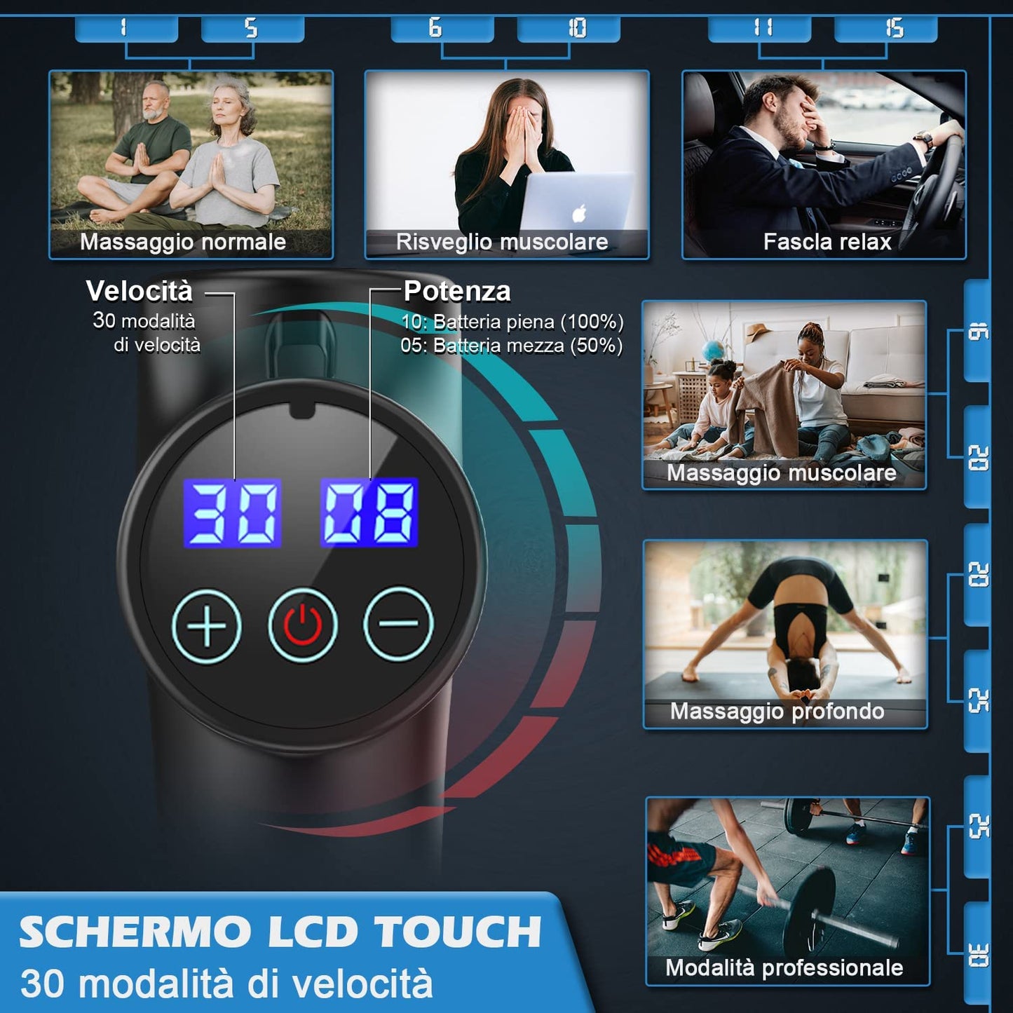 Pistola Massaggio Muscolare, ALDOM Pistola Massaggiante Muscolo Profondo Tessuto 8 Testine Massaggianti, 30 Velocità 4800RPM Pistola Massaggiante Professionale Elettrico Massaggio Muscolare Profondo