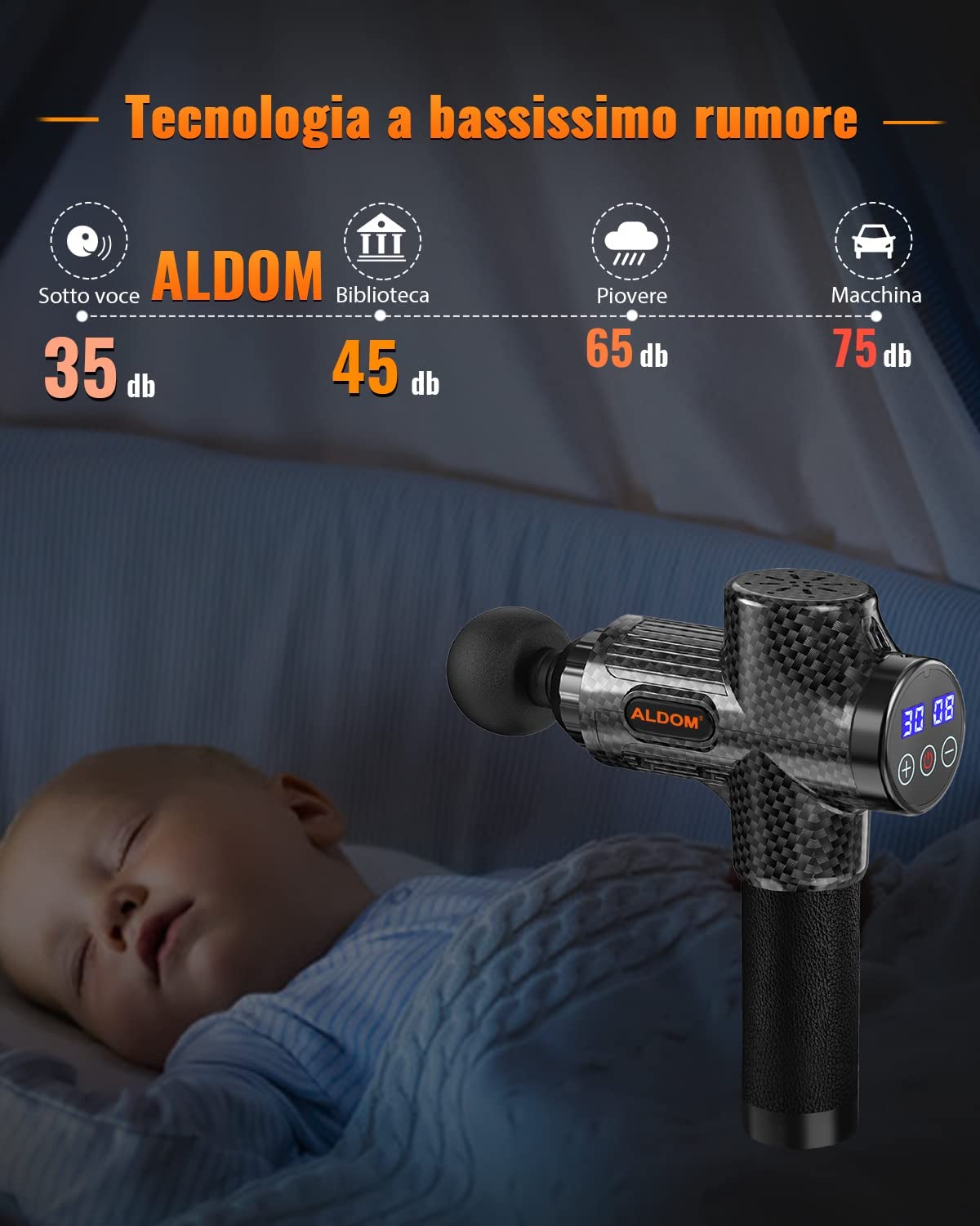 Pistola Massaggio Muscolare, ALDOM Pistola Massaggiante Muscolo Profondo Tessuto 30 Velocità 4800RPM con 8 Testine Pistola Massaggiatore a Percussione Massage Gun per Muscoli Ricarica con Tipo-C