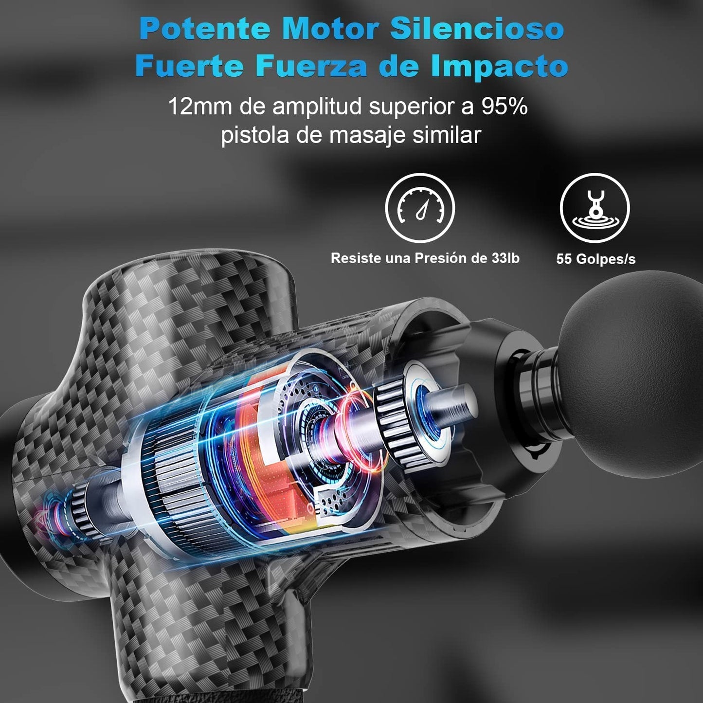 Pistola de Masaje Muscular, Eléctrica Masajeador de Músculos de Tejido Profundo Hasta 4800 RPM, 30 Velocidades, 8 Cabezales de Masaje, Pantalla LCD Táctil, Carga Tipo-C(Negro Carbón)