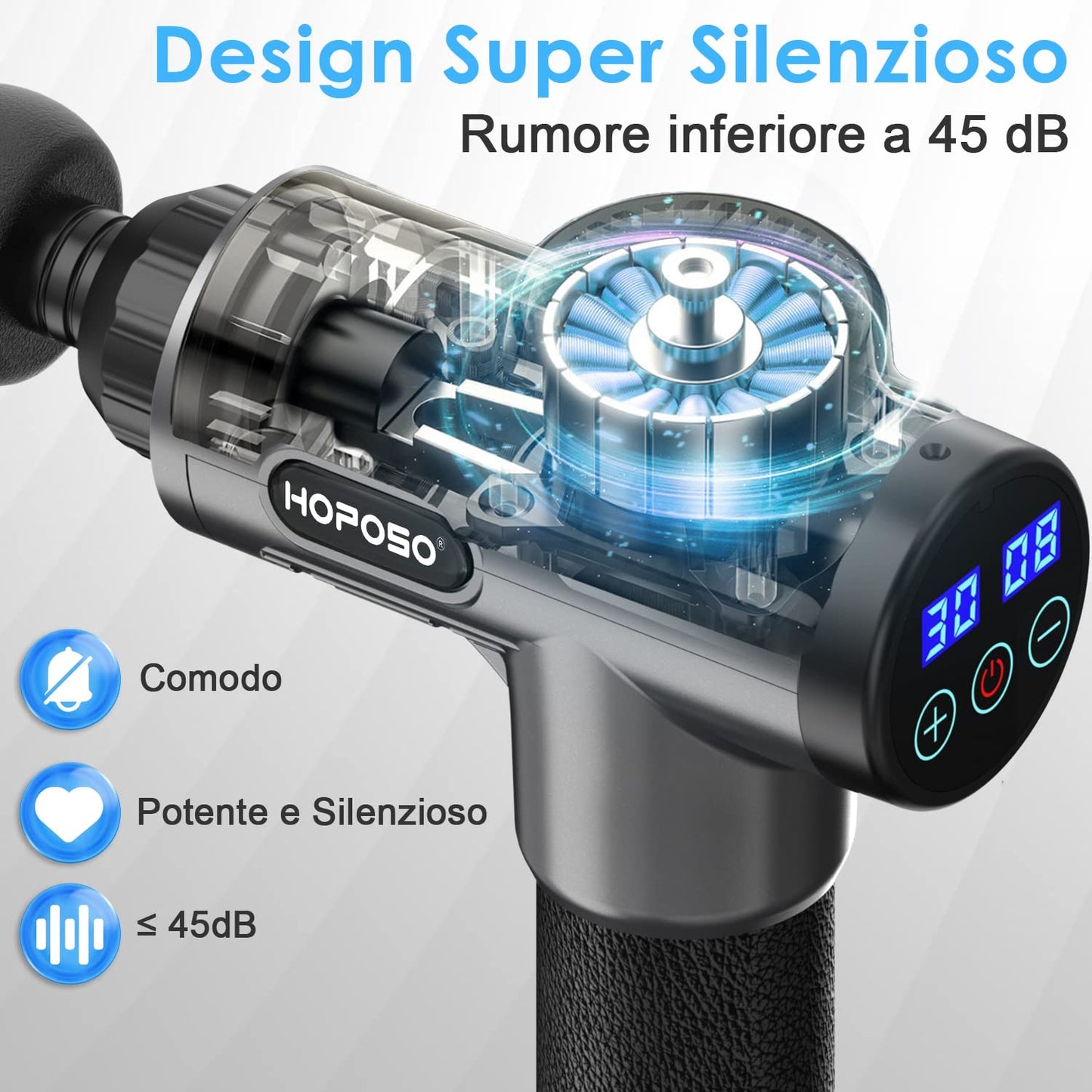 Pistola de Masaje Muscular, Eléctrica Masajeador de Músculos de Tejido Profundo con 30 Velocidades, 8 Cabezales de Masaje, Pantalla LCD Táctil, Tipo C Massage Gun(Gris plata)