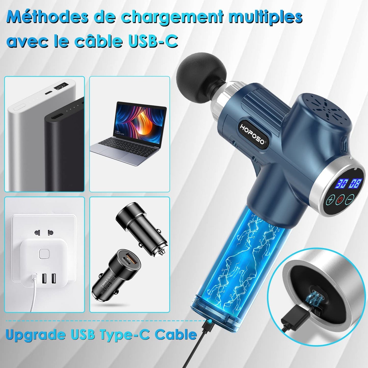 Pistola de Masaje Muscular, Eléctrica Masajeador de Músculos de Tejido Profundo con 30 Velocidades, 8 Cabezales de Masaje, Pantalla LCD Táctil, Tipo C Massage Gun(Azul)