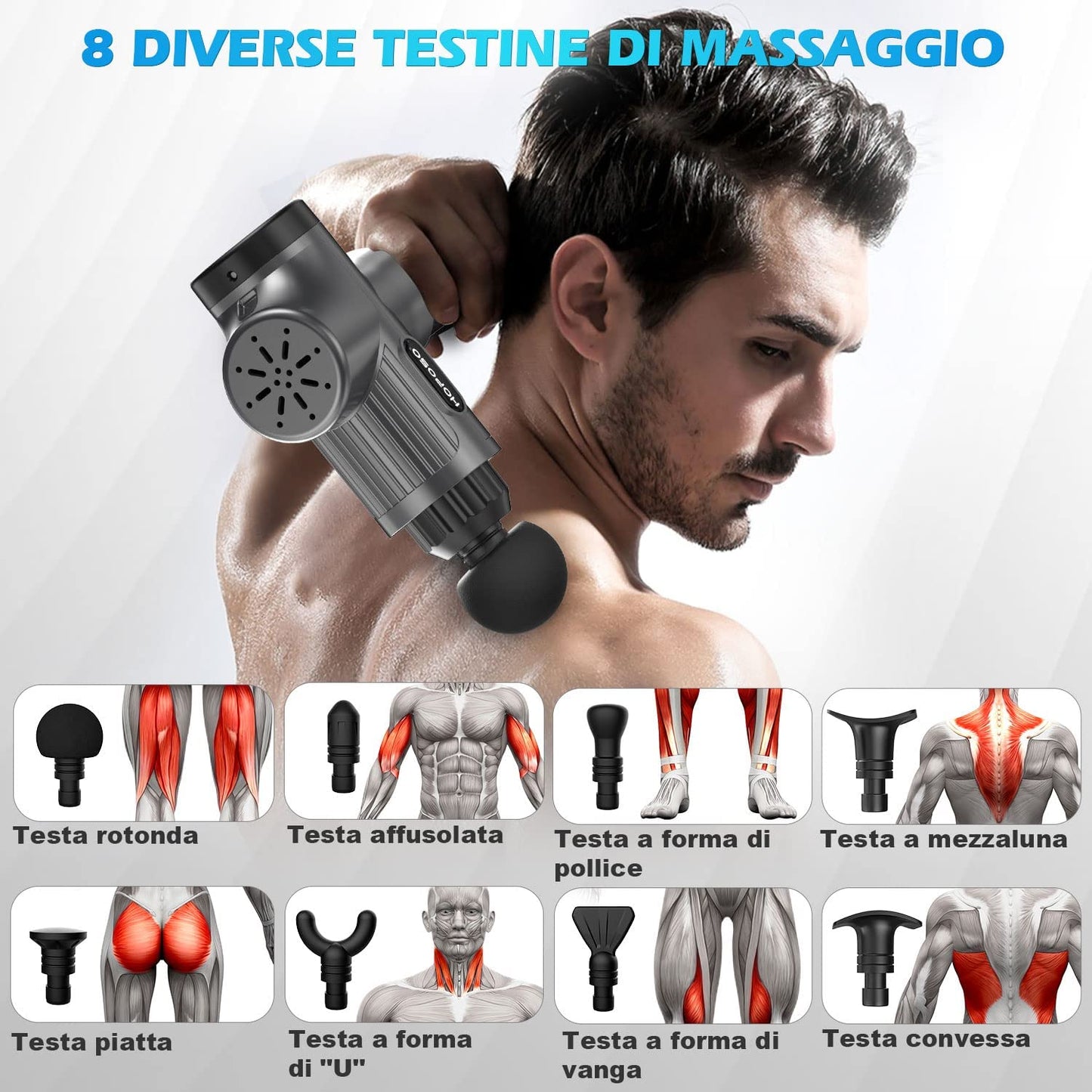 Pistola de Masaje Muscular, Eléctrica Masajeador de Músculos de Tejido Profundo con 30 Velocidades, 8 Cabezales de Masaje, Pantalla LCD Táctil, Tipo C Massage Gun(Gris plata)