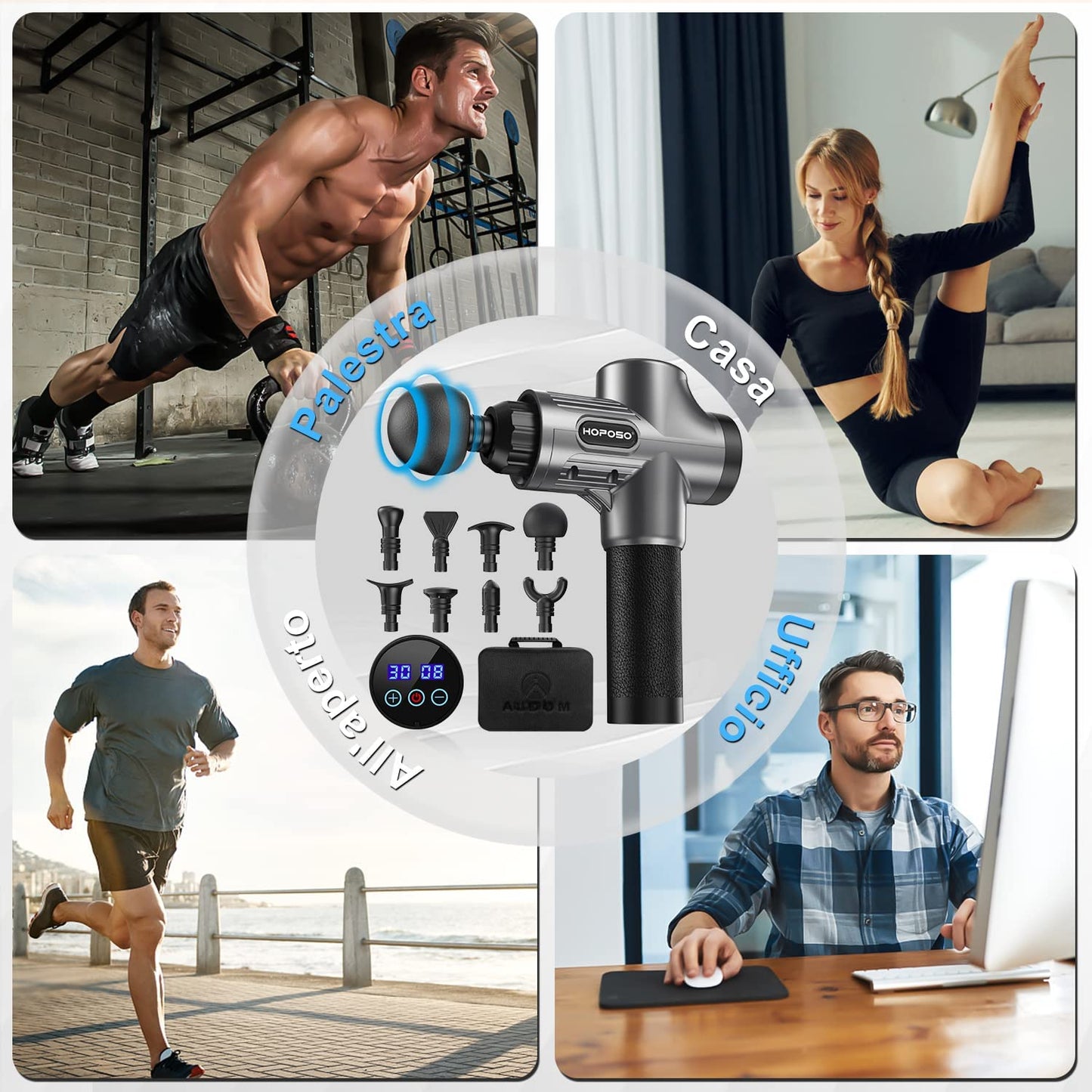 Pistola de Masaje Muscular, Eléctrica Masajeador de Músculos de Tejido Profundo con 30 Velocidades, 8 Cabezales de Masaje, Pantalla LCD Táctil, Tipo C Massage Gun(Gris plata)