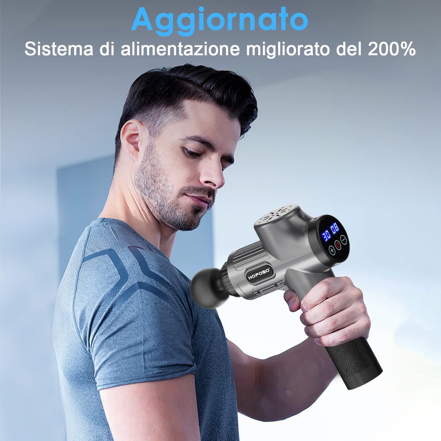 Pistola de Masaje Muscular, Eléctrica Masajeador de Músculos de Tejido Profundo con 30 Velocidades, 8 Cabezales de Masaje, Pantalla LCD Táctil, Tipo C Massage Gun(Gris plata)