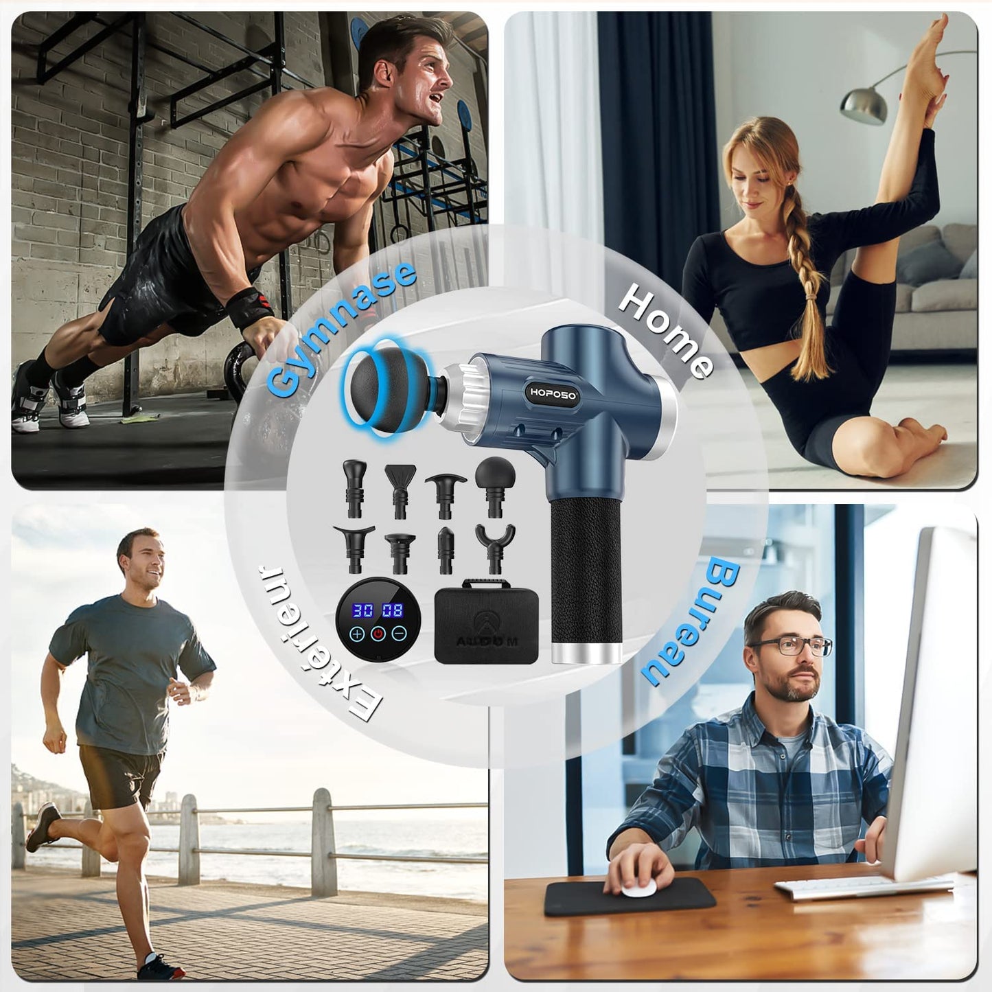 Pistolet de Massage Musculaire 30 Vitesses Réglables Massage Gun Électrique Masseur de Muscle Profond Portable 8 Têtes Remplaçables 4800 RPM Écran Tactile LED à Faible Bruit Soulager Douleurs