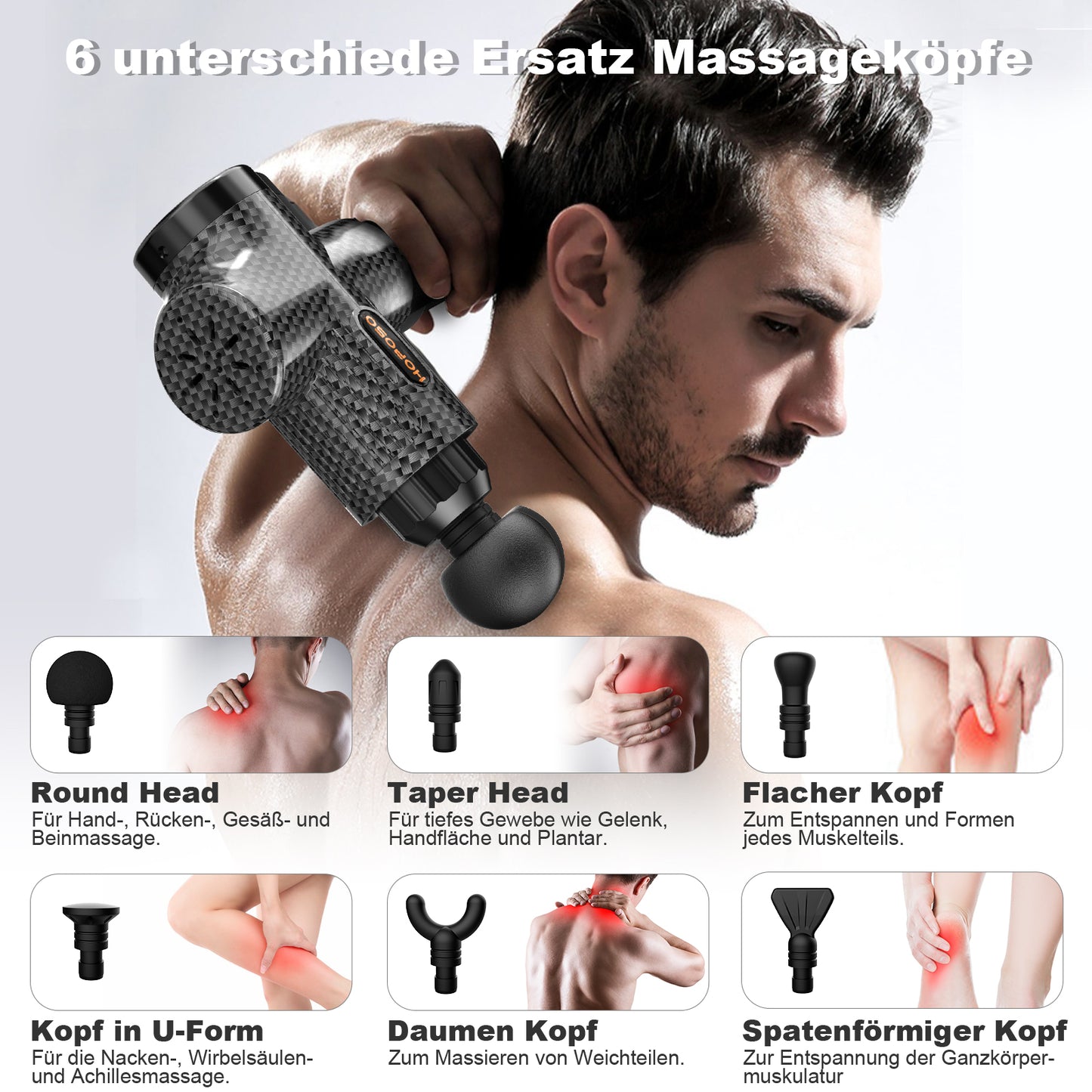 Massagepistole Massagegerät Elektrisches HOPOSO Massage Gun mit 30 Geschwindigkeiten 6 Massageköpfen Große Batteriekapazität und USB C Ladeanschluss bis zu 4800 U/min Massage Pistole(Kohlenschwarz)