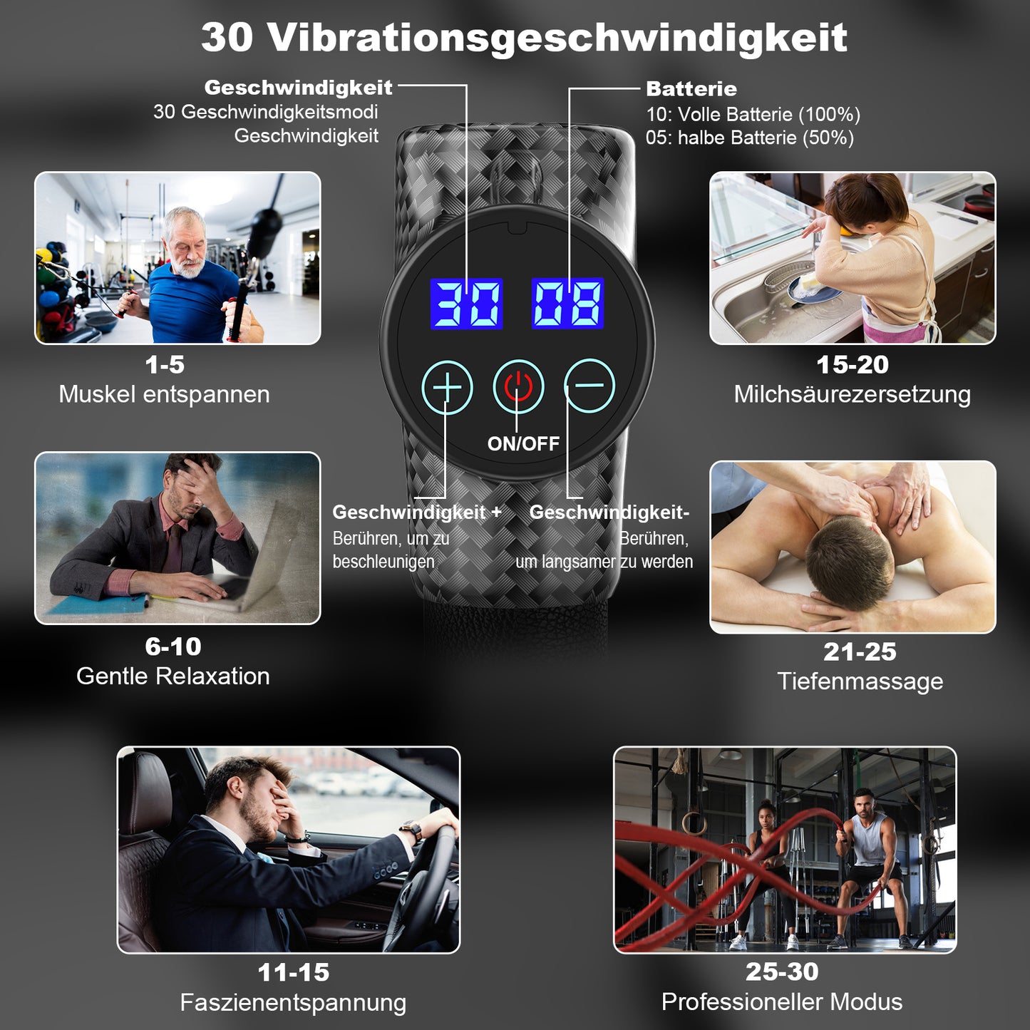 Massagepistole Massagegerät Elektrisches HOPOSO Massage Gun mit 30 Geschwindigkeiten 6 Massageköpfen Große Batteriekapazität und USB C Ladeanschluss bis zu 4800 U/min Massage Pistole(Kohlenschwarz)