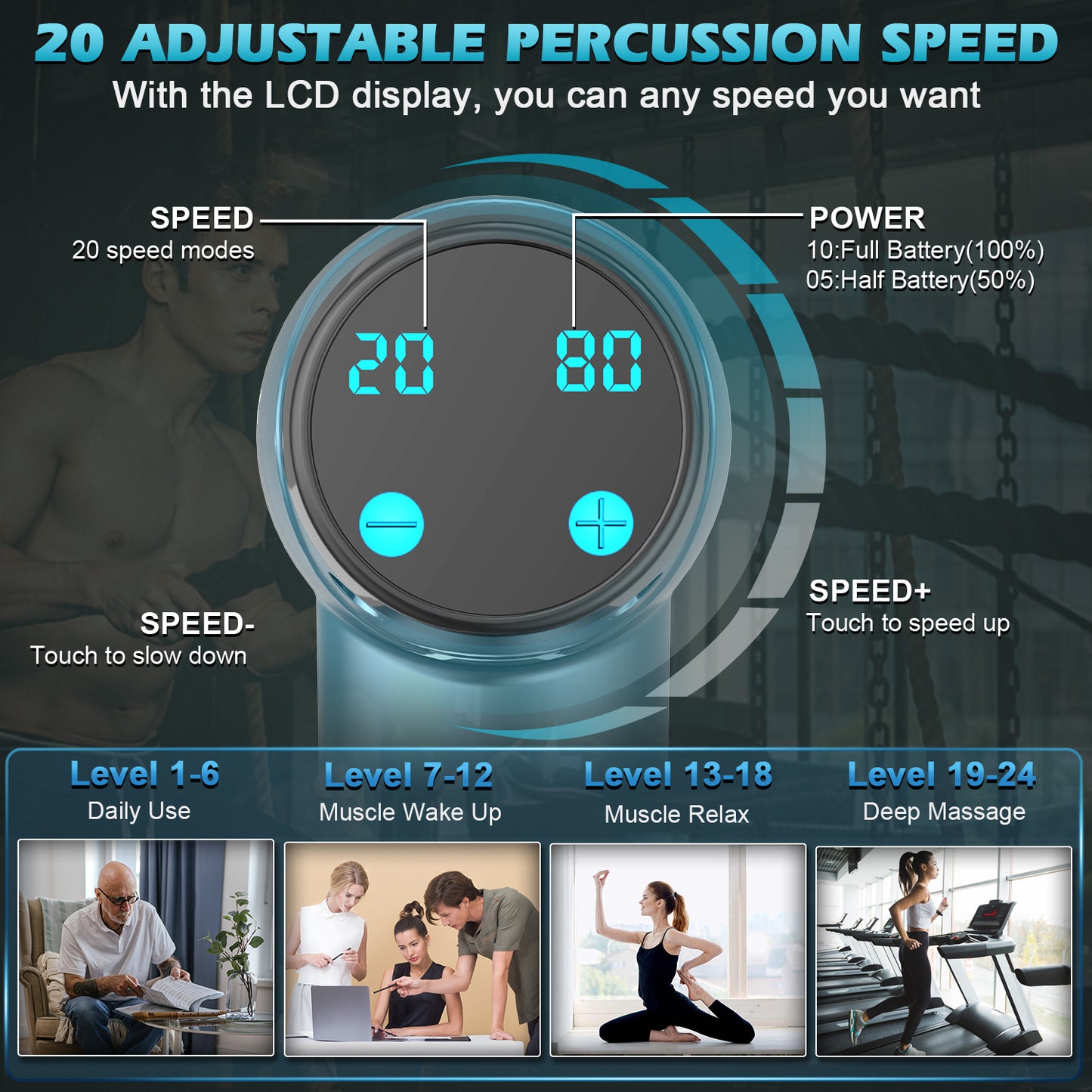 Pistola de Masaje Muscular, Eléctrica Masajeador de Músculos de Tejido Profundo con 30 Velocidades, 6 Cabezales de Masaje Massage Gun(Azul)