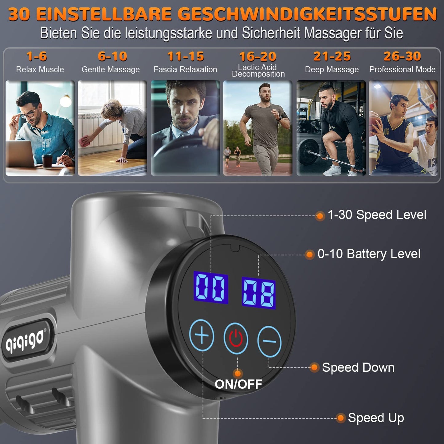 Massagepistole, Massagepistole Massagegerät bis zu 4800U/min Massage Pistole, Muskel Massage Gun Muskelmassagegerät mit LCD-Anzeige Tiefenmassag mit 6 Massageköpfen