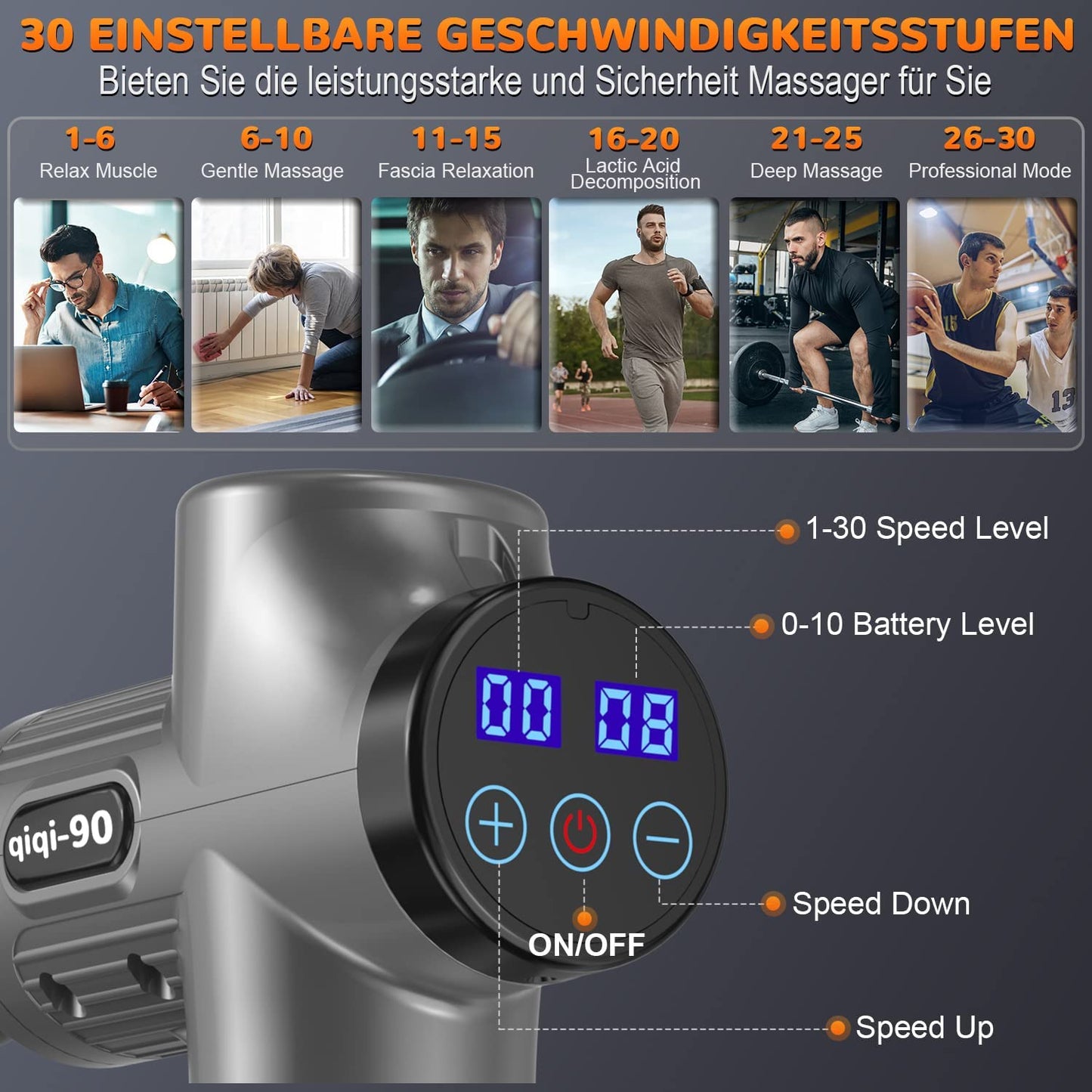 Massagepistole, Professionelles Massage Gun Massagegerät bis zu 4800U/min, 30 Geschwindigkeiten Massage Pistole Muskel Massagegerät mit 6 MassageKöpfe Masagegäret Pistole für Nacken Schulter Rücken