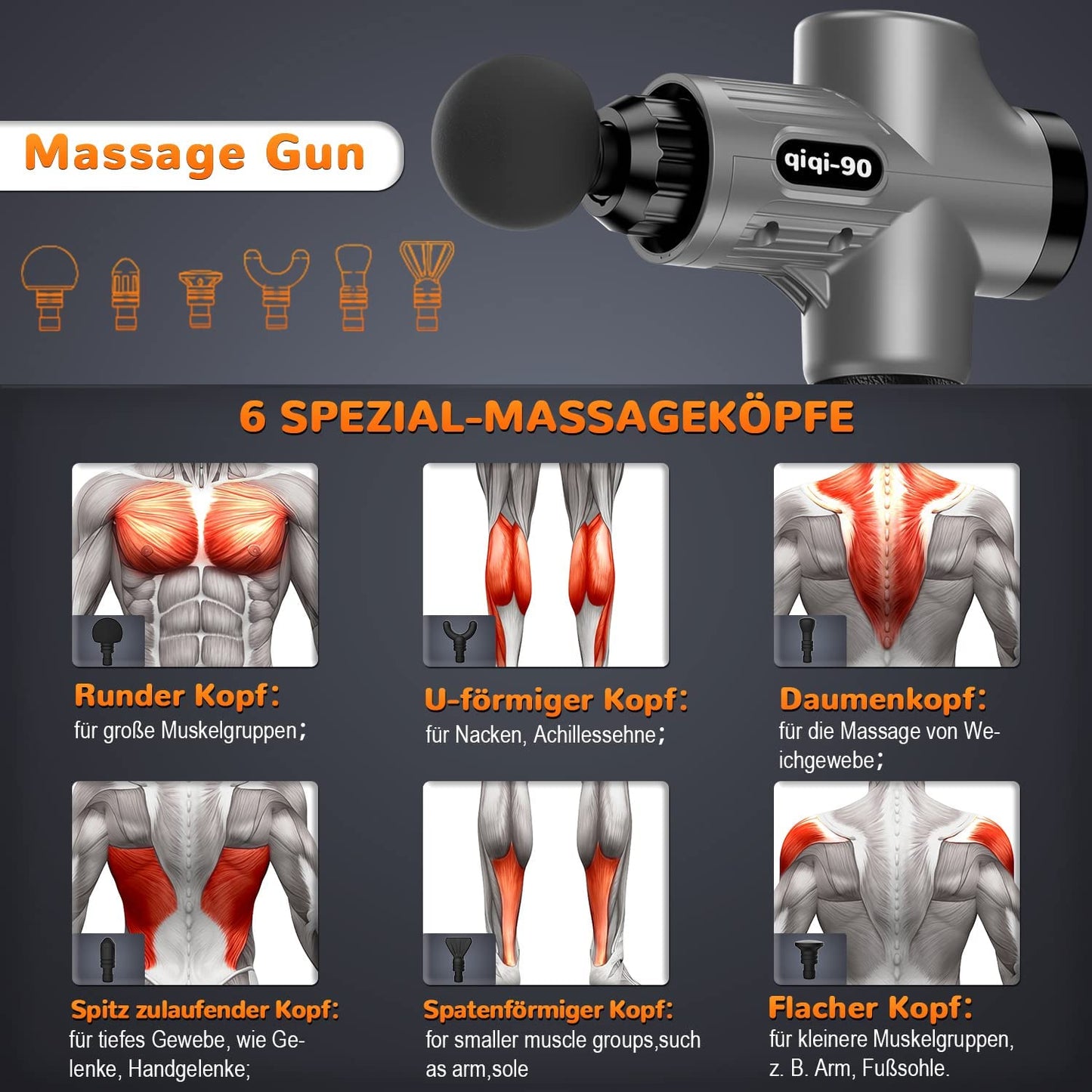Massagepistole, Professionelles Massage Gun Massagegerät bis zu 4800U/min, 30 Geschwindigkeiten Massage Pistole Muskel Massagegerät mit 6 MassageKöpfe Masagegäret Pistole für Nacken Schulter Rücken
