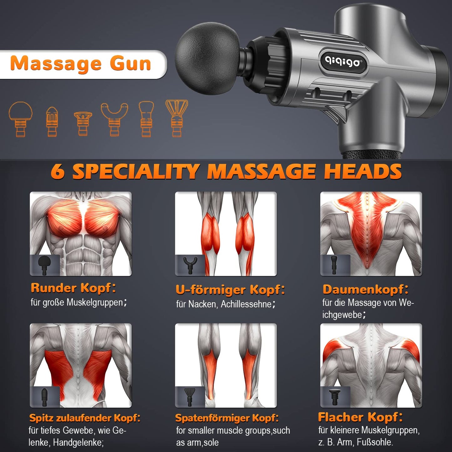 Massagepistole, Massagepistole Massagegerät bis zu 4800U/min Massage Pistole, Muskel Massage Gun Muskelmassagegerät mit LCD-Anzeige Tiefenmassag mit 6 Massageköpfen