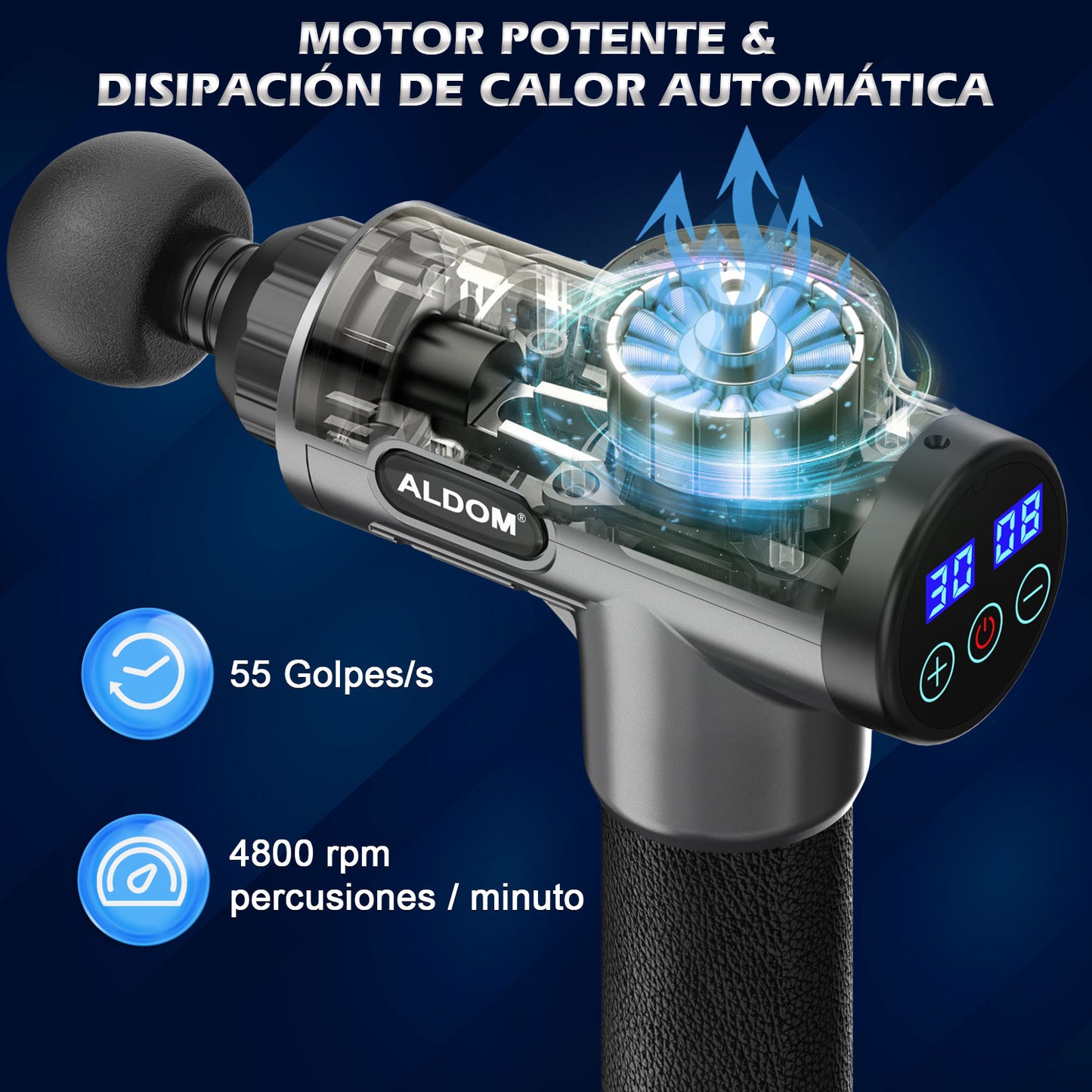 ALDOM Pistola de Masaje Muscular, Pistola Masaje Masajeadora Muscular de Tejido Profundo 30 Niveles Ajustables, Masajeador Eléctrico de Músculos Carga Tipo-C y 6 Cabezales Massage Gun