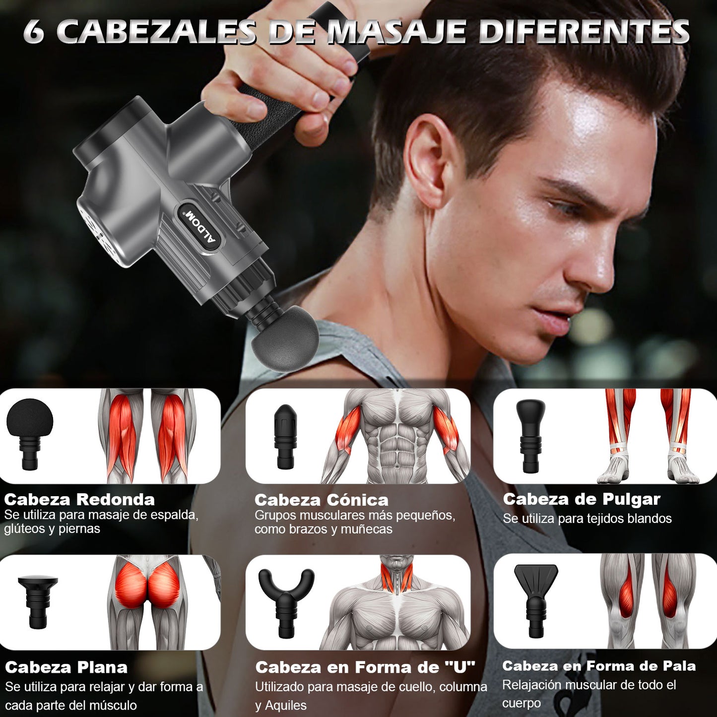 ALDOM Pistola de Masaje Muscular, Pistola Masaje Masajeadora Muscular de Tejido Profundo 30 Niveles Ajustables, Masajeador Eléctrico de Músculos Carga Tipo-C y 6 Cabezales Massage Gun