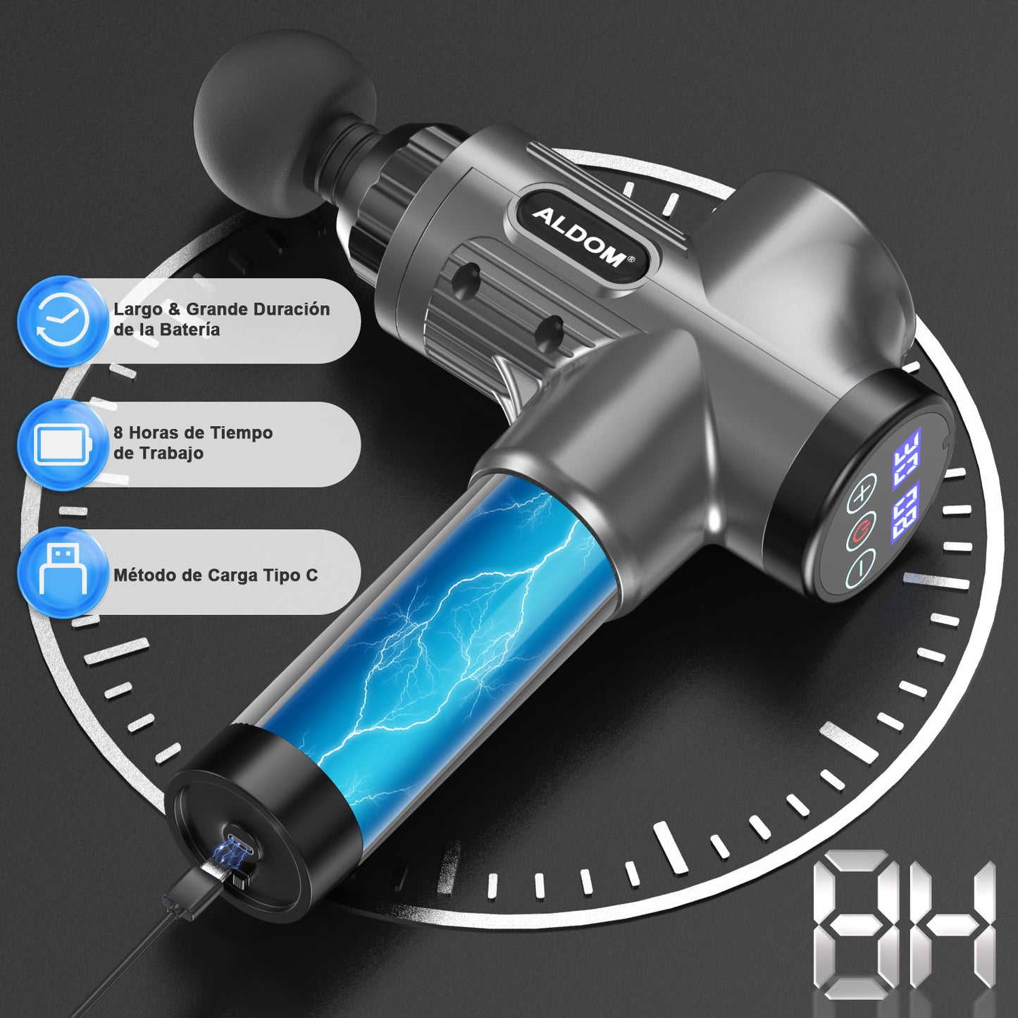 ALDOM Pistola de Masaje Muscular, Pistola Masaje Masajeadora Muscular de Tejido Profundo 30 Niveles Ajustables, Masajeador Eléctrico de Músculos Carga Tipo-C y 6 Cabezales Massage Gun