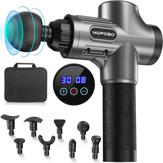 Pistola de Masaje Muscular, Eléctrica Masajeador de Músculos de Tejido Profundo con 30 Velocidades, 8 Cabezales de Masaje, Pantalla LCD Táctil, Tipo C Massage Gun(Gris plata)