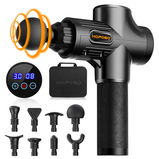 Pistola de Masaje Muscular, Eléctrica Masajeador de Músculos de Tejido Profundo Hasta 4800 RPM, 30 Velocidades, 8 Cabezales de Masaje, Pantalla LCD Táctil, Carga Tipo-C(Negro)