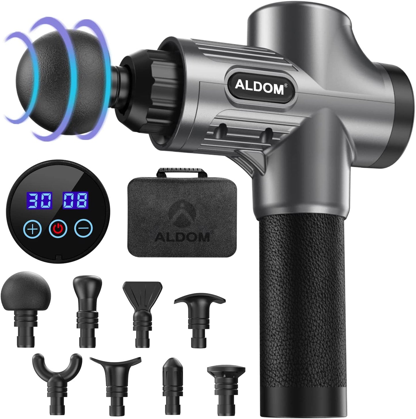 ALDOM Massage Gun Deep Tissue,Large Capacity USB-C Rechargeable Cordless Muscle Gun Massager,30 Adjustable Speeds & 8 Heads,Body Pain Relief and Fast Recovery,for Family(4800rpm,LCD Screen)