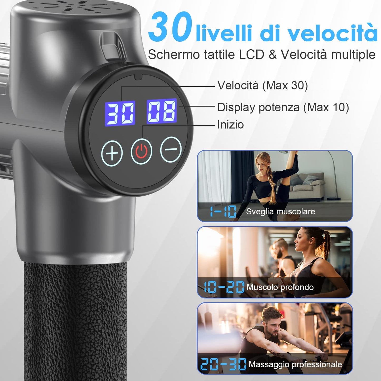 Pistola de Masaje Muscular, Eléctrica Masajeador de Músculos de Tejido Profundo con 30 Velocidades, 8 Cabezales de Masaje, Pantalla LCD Táctil, Tipo C Massage Gun(Gris plata)