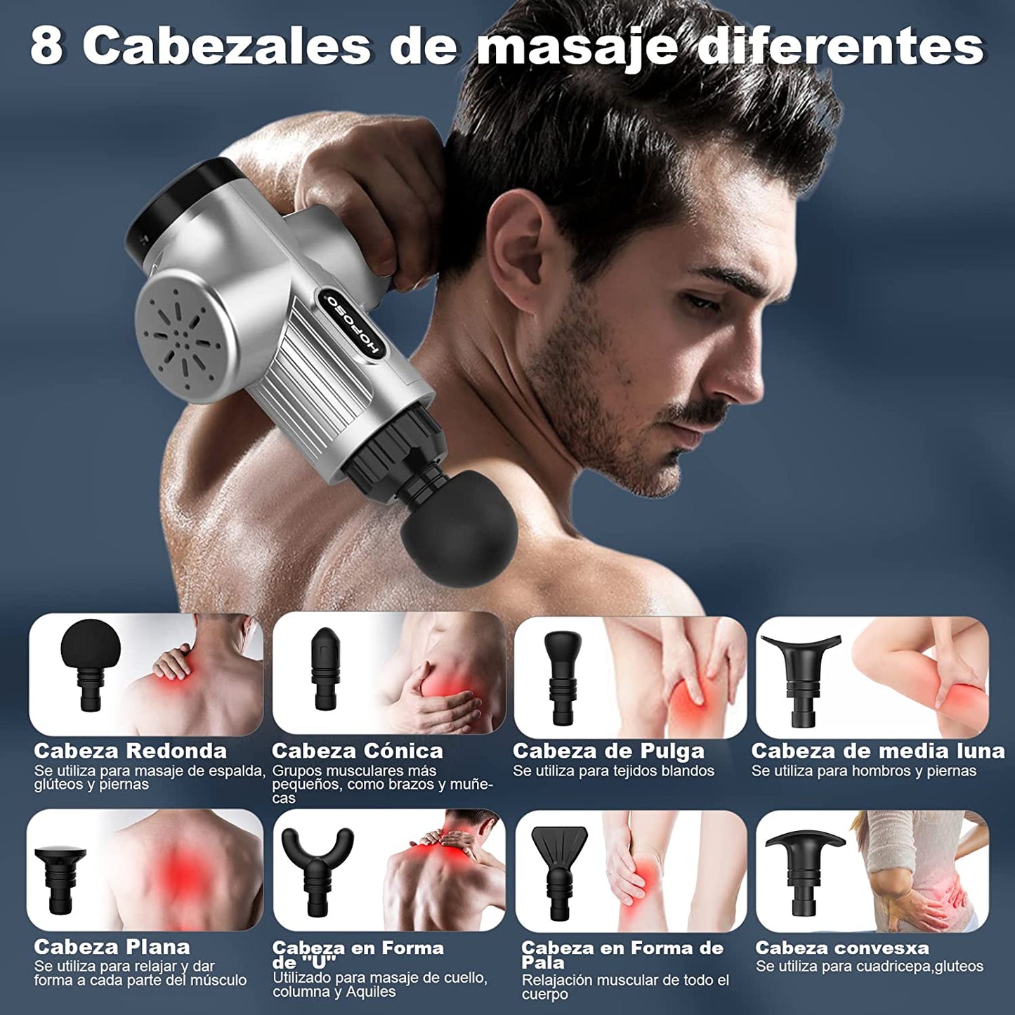 Pistola de Masaje Muscular, Eléctrica Masajeador de Músculos de Tejido Profundo Hasta 4800 RMP, 30 Velocidades, 8 Cabezales de Masaje, Pantalla LCD Táctil, Carga Tipo-C
