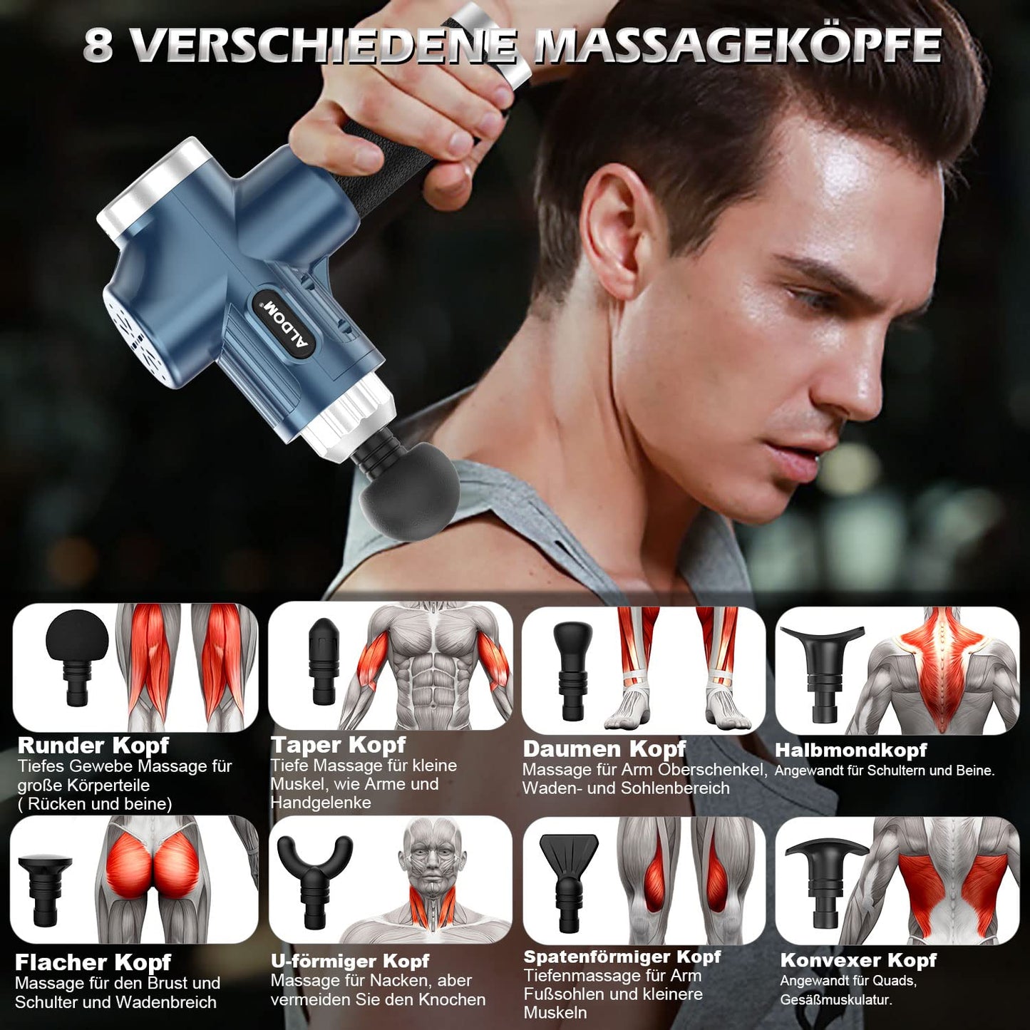 Massagepistole Massagegerät ALDOM Massage Gun für Nacken Schulter Rücken Massage pistole mit 8 Massageköpfen und 30 einstellbaren Geschwindigkeiten Massage pistole Elektrisch Massagegerät