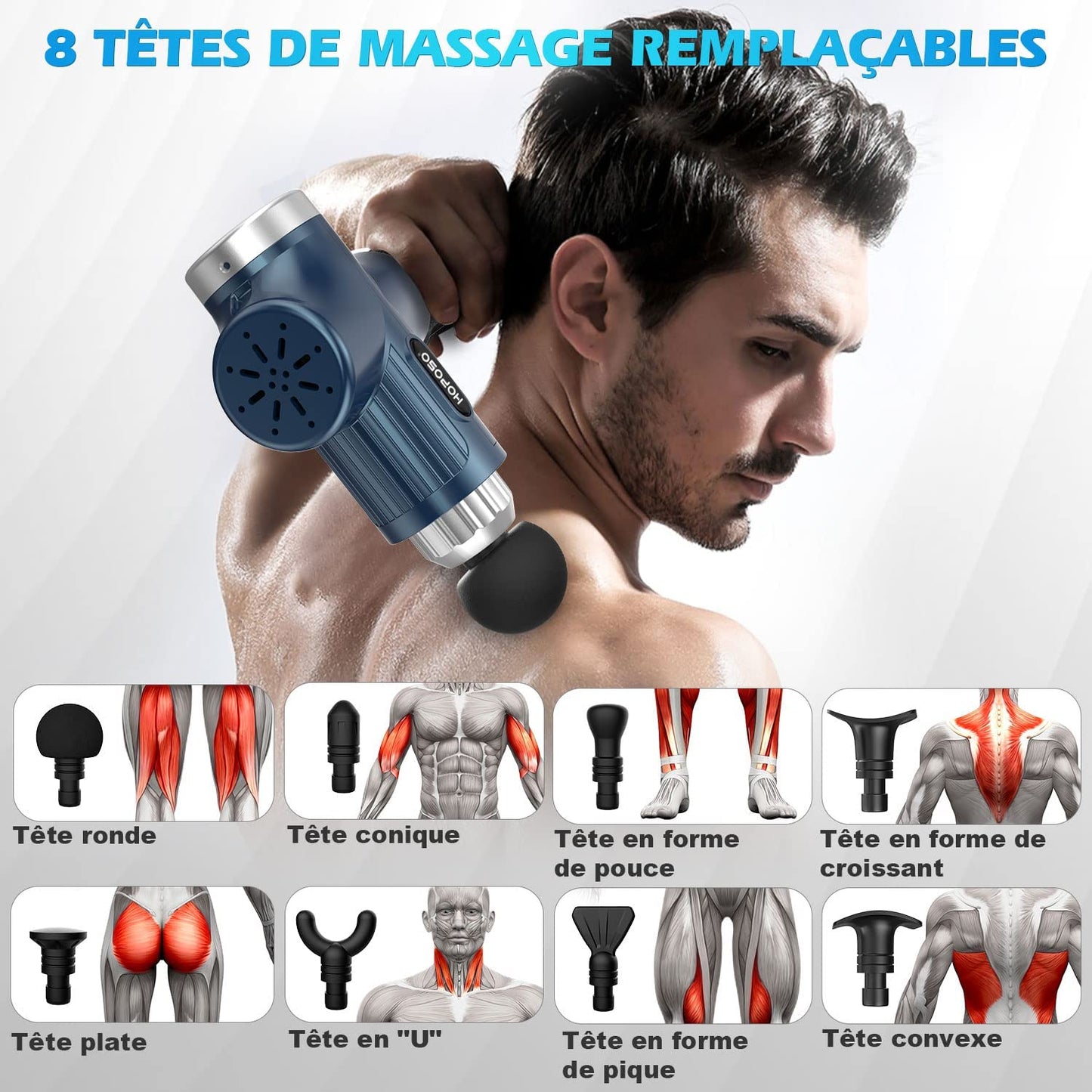 Pistola de Masaje Muscular, Eléctrica Masajeador de Músculos de Tejido Profundo con 30 Velocidades, 8 Cabezales de Masaje, Pantalla LCD Táctil, Tipo C Massage Gun(Azul)
