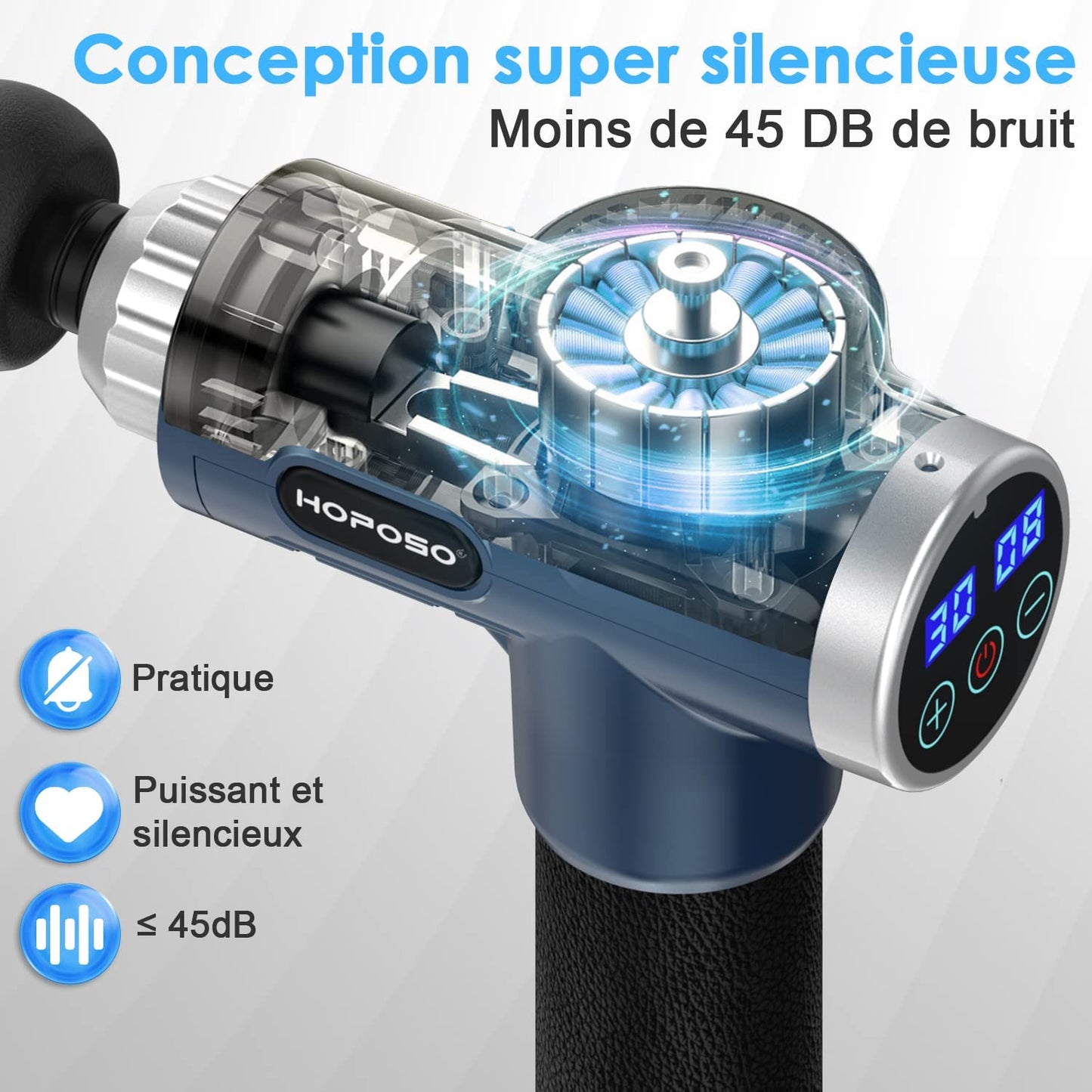 Pistola de Masaje Muscular, Eléctrica Masajeador de Músculos de Tejido Profundo con 30 Velocidades, 8 Cabezales de Masaje, Pantalla LCD Táctil, Tipo C Massage Gun(Azul)