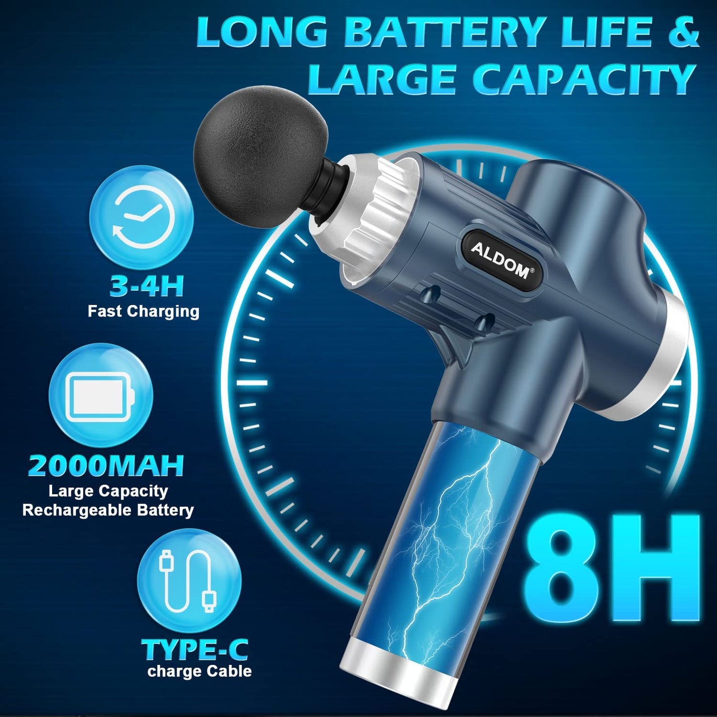 ALDOM Massage Gun Deep Tissue 30 Adjustable Speeds 8 Massage Heads,Large Capacity&USB-C Rechargeable 4800rpm Powerful Handheld Muscle Massager for Muscle Pain Relief Relaxation-LCD Display