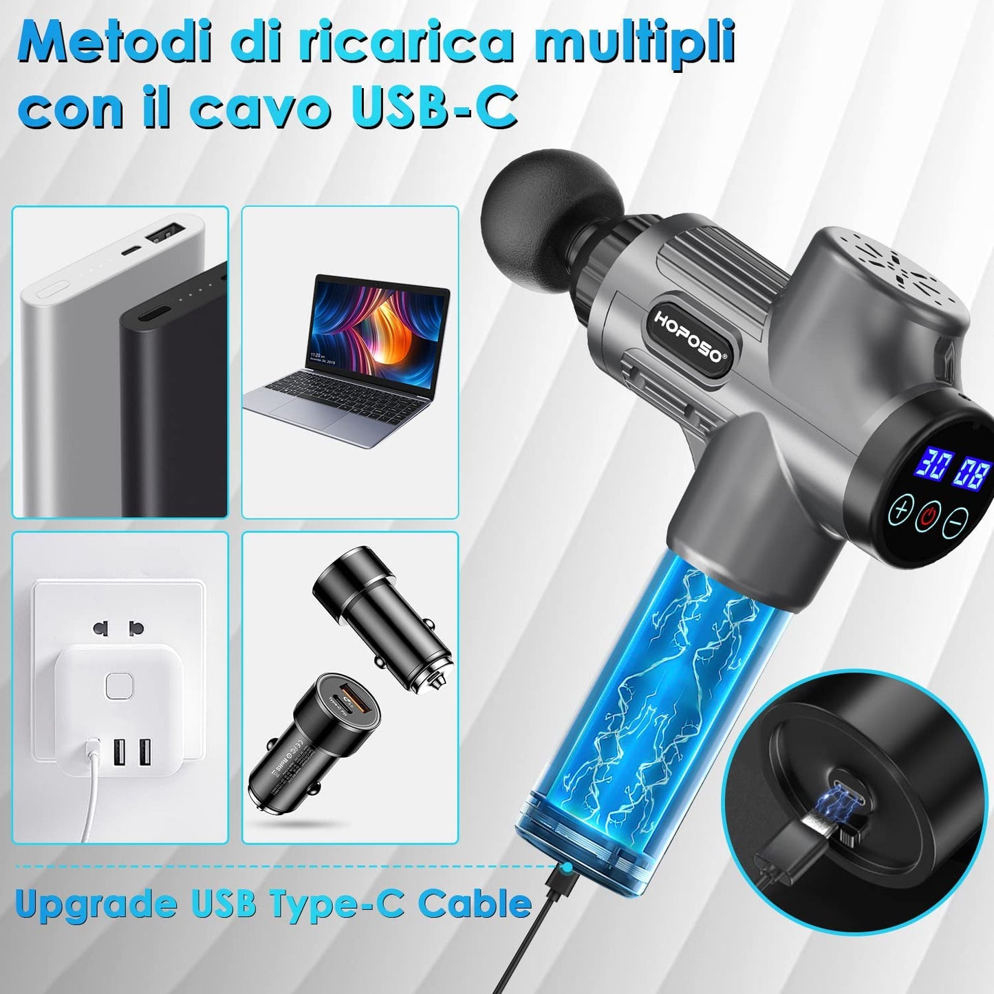 Pistola de Masaje Muscular, Eléctrica Masajeador de Músculos de Tejido Profundo con 30 Velocidades, 8 Cabezales de Masaje, Pantalla LCD Táctil, Tipo C Massage Gun(Gris plata)