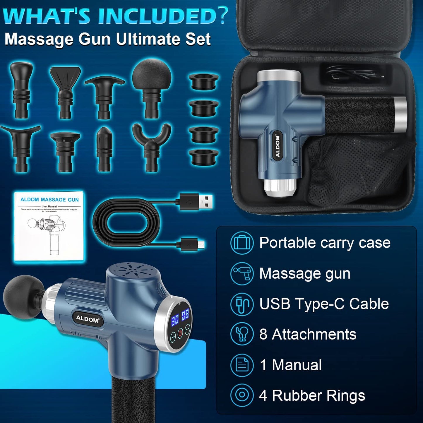ALDOM Massage Gun Deep Tissue 30 Adjustable Speeds 8 Massage Heads,Large Capacity&USB-C Rechargeable 4800rpm Powerful Handheld Muscle Massager for Muscle Pain Relief Relaxation-LCD Display