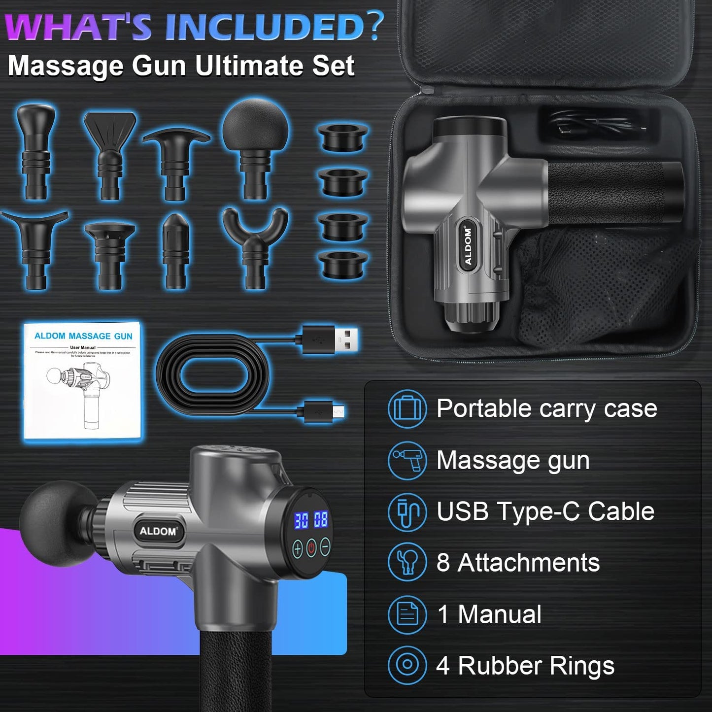 ALDOM Massage Gun Deep Tissue,Large Capacity USB-C Rechargeable Cordless Muscle Gun Massager,30 Adjustable Speeds & 8 Heads,Body Pain Relief and Fast Recovery,for Family(4800rpm,LCD Screen)