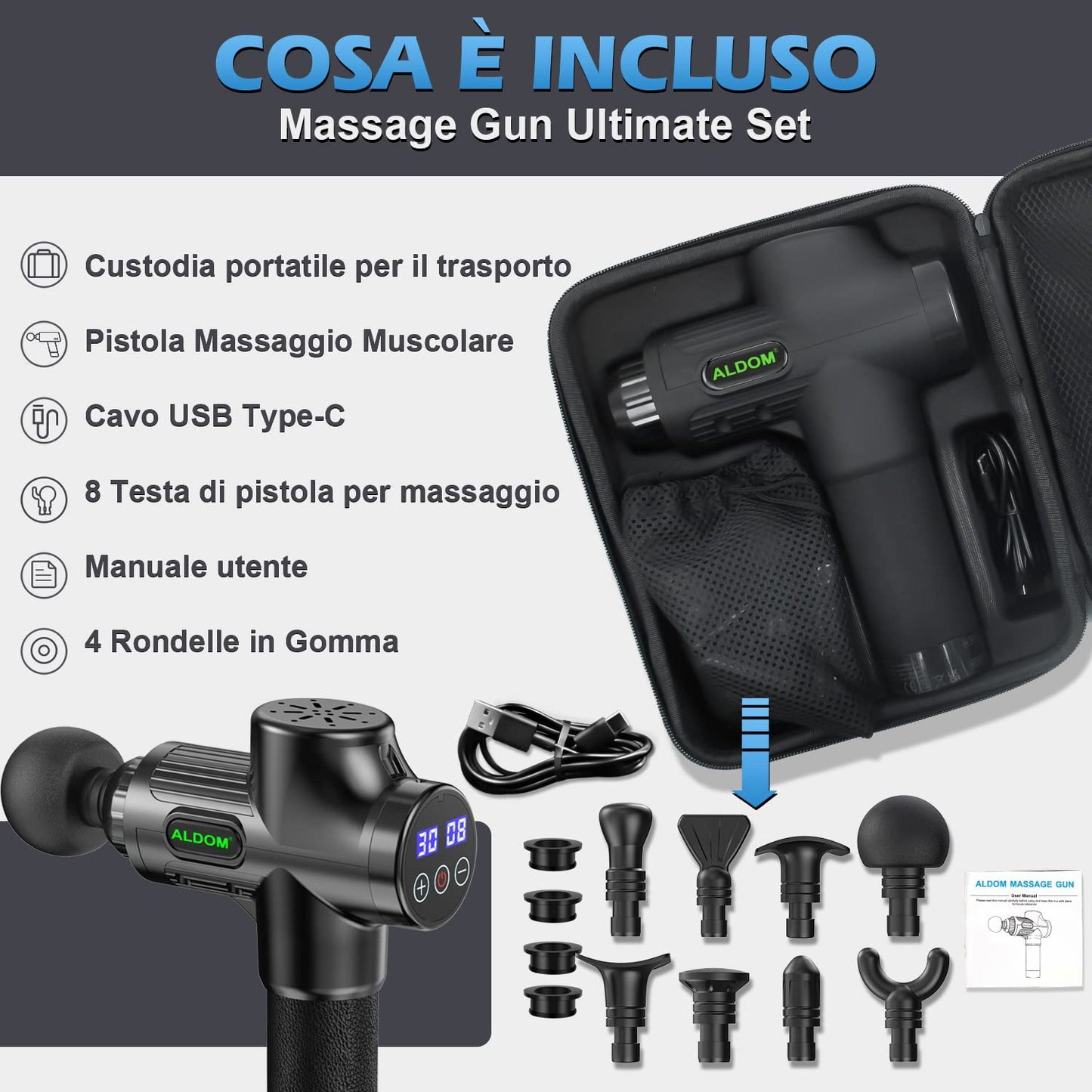 Pistola Massaggio Muscolare, ALDOM Pistola Massaggiante Muscolo Profondo Tessuto 8 Testine Massaggianti, 30 Velocità 4800RPM Pistola Massaggiante Professionale Elettrico Massaggio Muscolare Profondo
