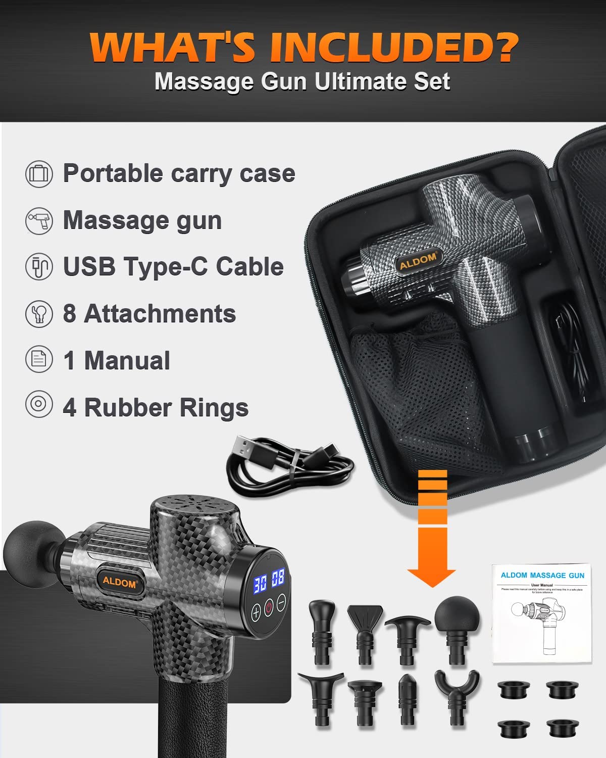 ALDOM Massage Gun Deep Tissue 30 Speeds & 8 Heads Powerful 4800rpm Muscle Gun Massager,USB-C Large Capacity Rechargeable Handheld Massager for Pain Relief Relax(LCD Touch Screen)