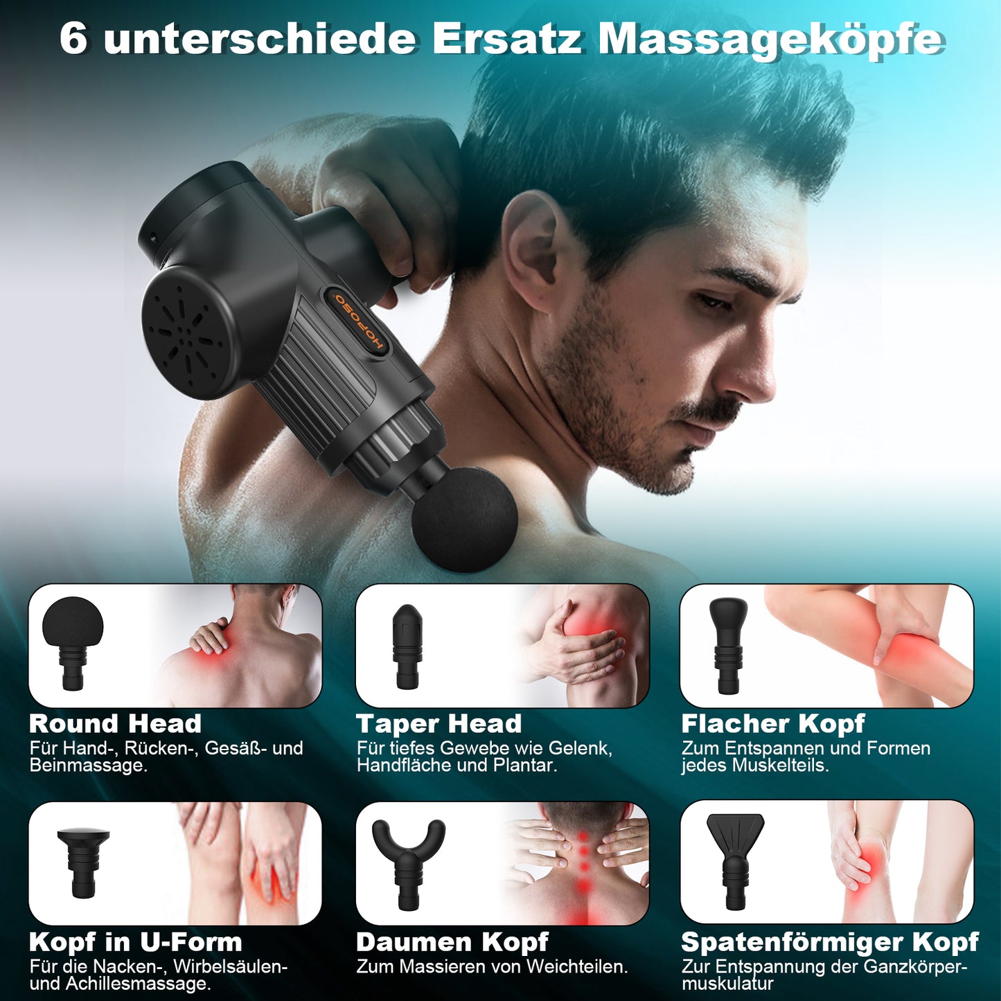 Pistola de Masaje Muscular, Eléctrica Masajeador de Músculos de Tejido Profundo Hasta 4800 RPM, 30 Velocidades, 8 Cabezales de Masaje, Pantalla LCD Táctil, Carga Tipo-C(Negro)
