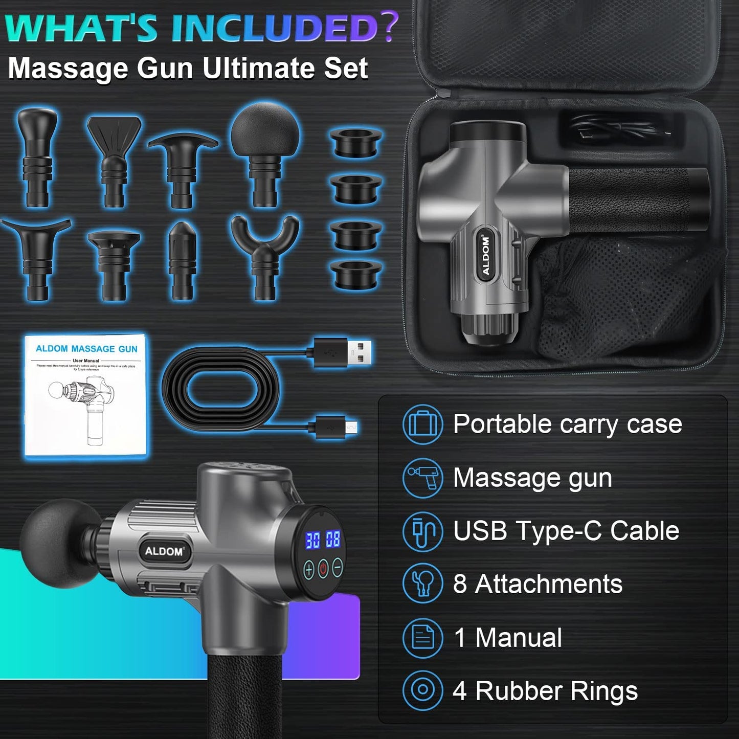 Massage Gun Deep Tissue Handheld Electric Muscle Massager Body Massagers Massage Device Muscle Massage Gun Massager Gun for Athletes Body Shoulder Leg Back Pain Relief&Relax Quiet 30 Speeds with 8 Massage Heads
