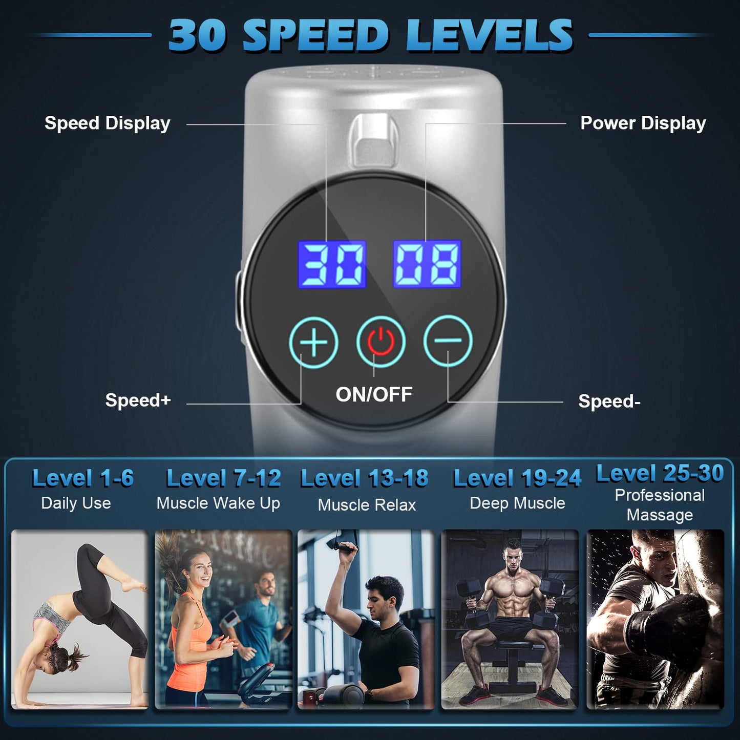 Massage Gun, HOPOSO Deep Tissue Massager Muscle Massage Gun with 4800RPM 30 Speeds, Powerful Percussion Massager Gun with 8 Massage Heads, Pain Relief Recovery, Athlete, Sports, Fitness, Gifts
