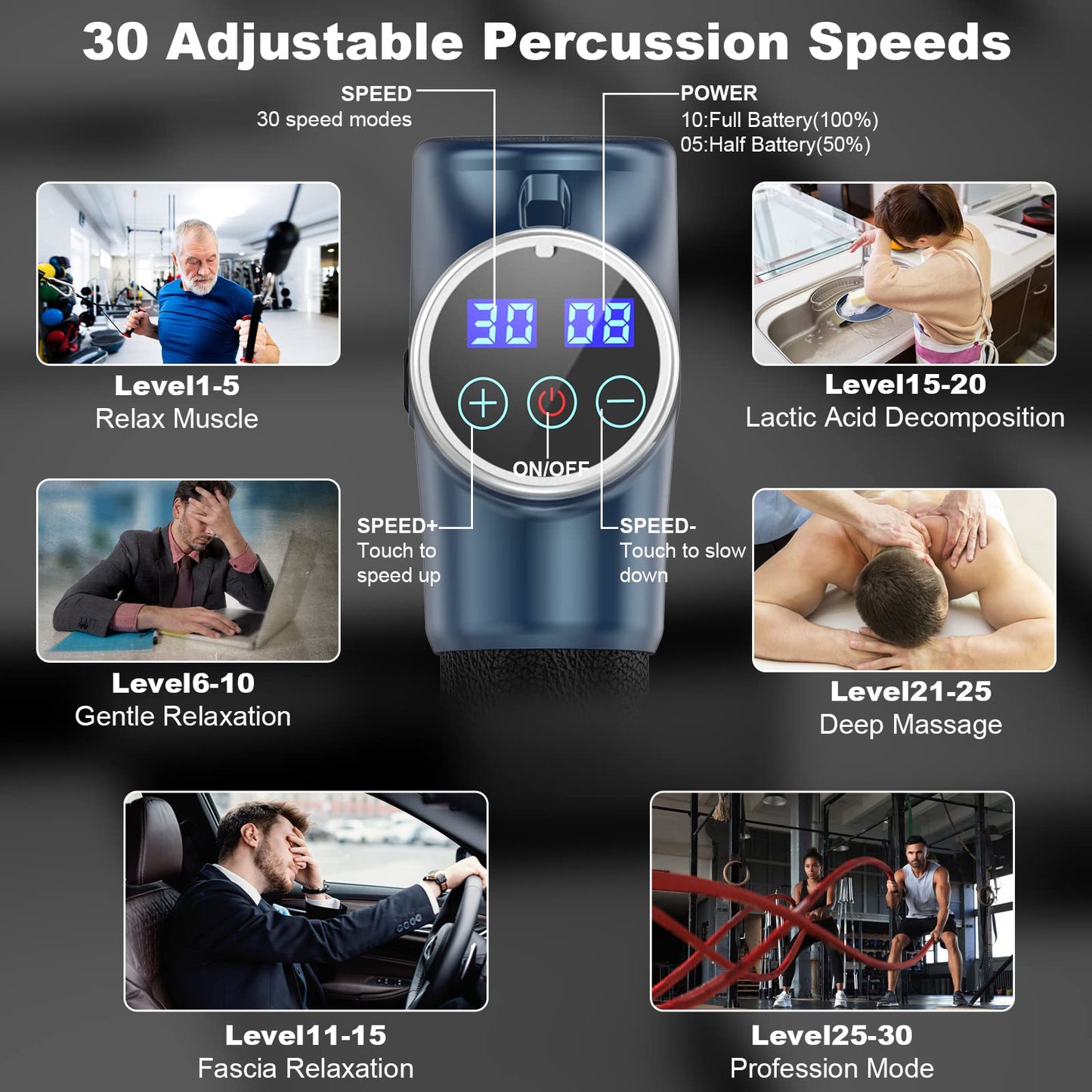 Massage Gun, HOPOSO Deep Tissue Muscle Massager 30 Speeds 4800RPM, Professional Electric Massager with 8 Massage Heads, Large Capacity USB C Charging Massage Gun Sports Massager Gifts for Men Women