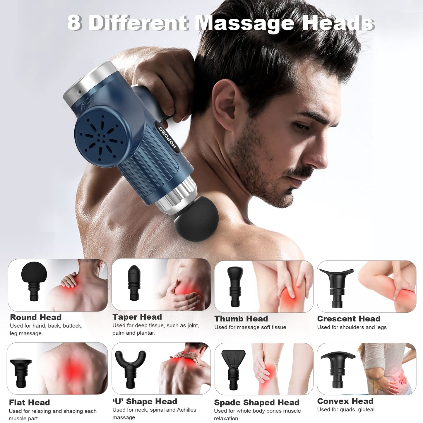 Massage Gun, HOPOSO Deep Tissue Muscle Massager 30 Speeds 4800RPM, Professional Electric Massager with 8 Massage Heads, Large Capacity USB C Charging Massage Gun Sports Massager Gifts for Men Women